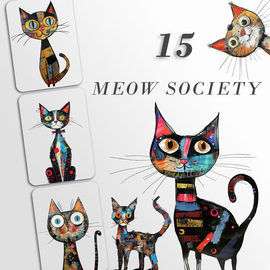 Meow Society Clipart: Quirky Cat Characters | Mixed Media Felines | Junk Journal Art | PNG Bundle| Sublimation files| Digital Illustration