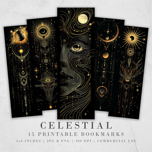 15 Celestial Printable Bookmarks | Golden Planets Digital Download JPG Bookmark Sheets | PNG bookmark sublimation | DIY Bookmarks for Women