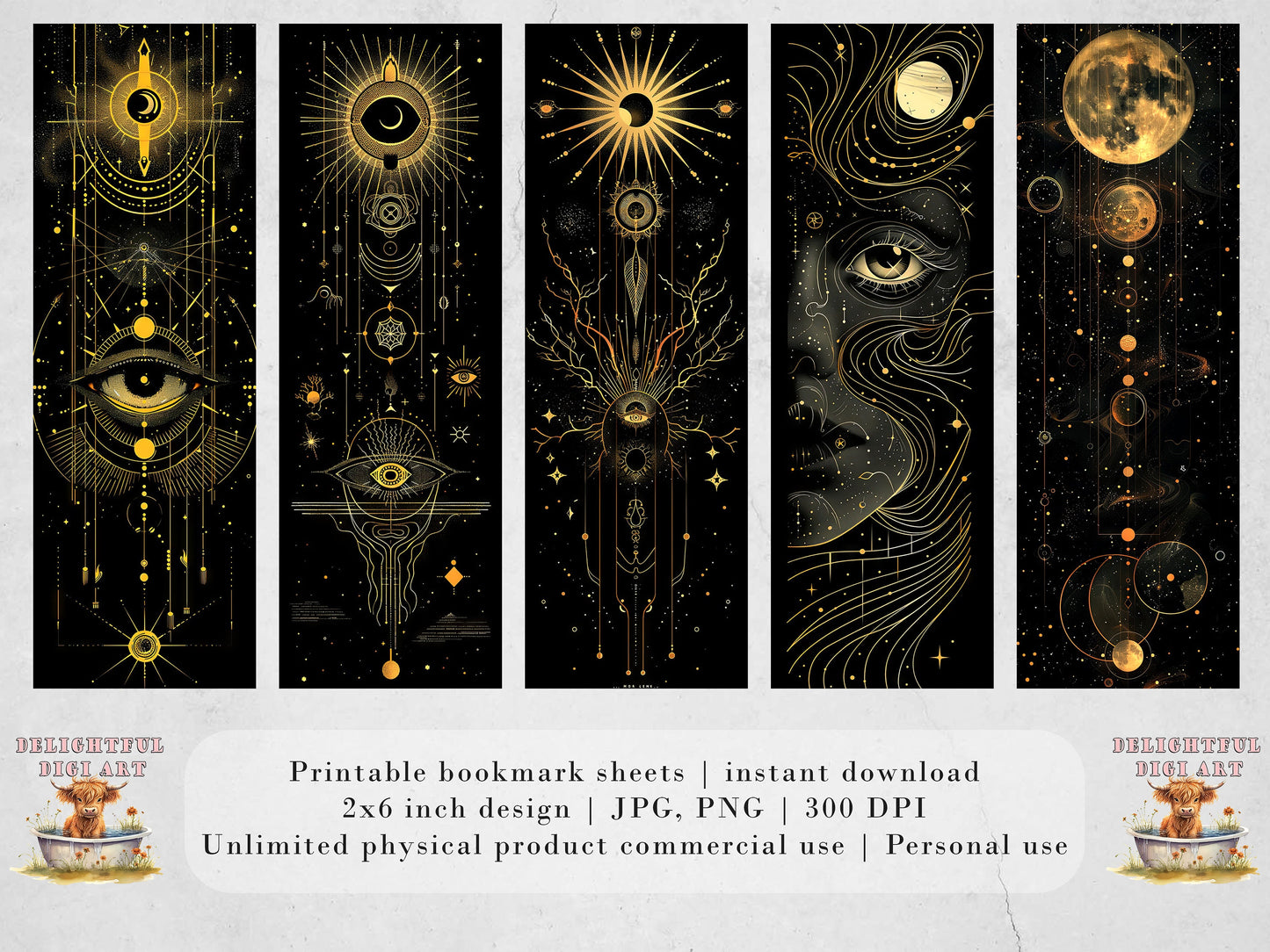 15 Celestial Printable Bookmarks | Golden Planets Digital Download JPG Bookmark Sheets | PNG bookmark sublimation | DIY Bookmarks for Women