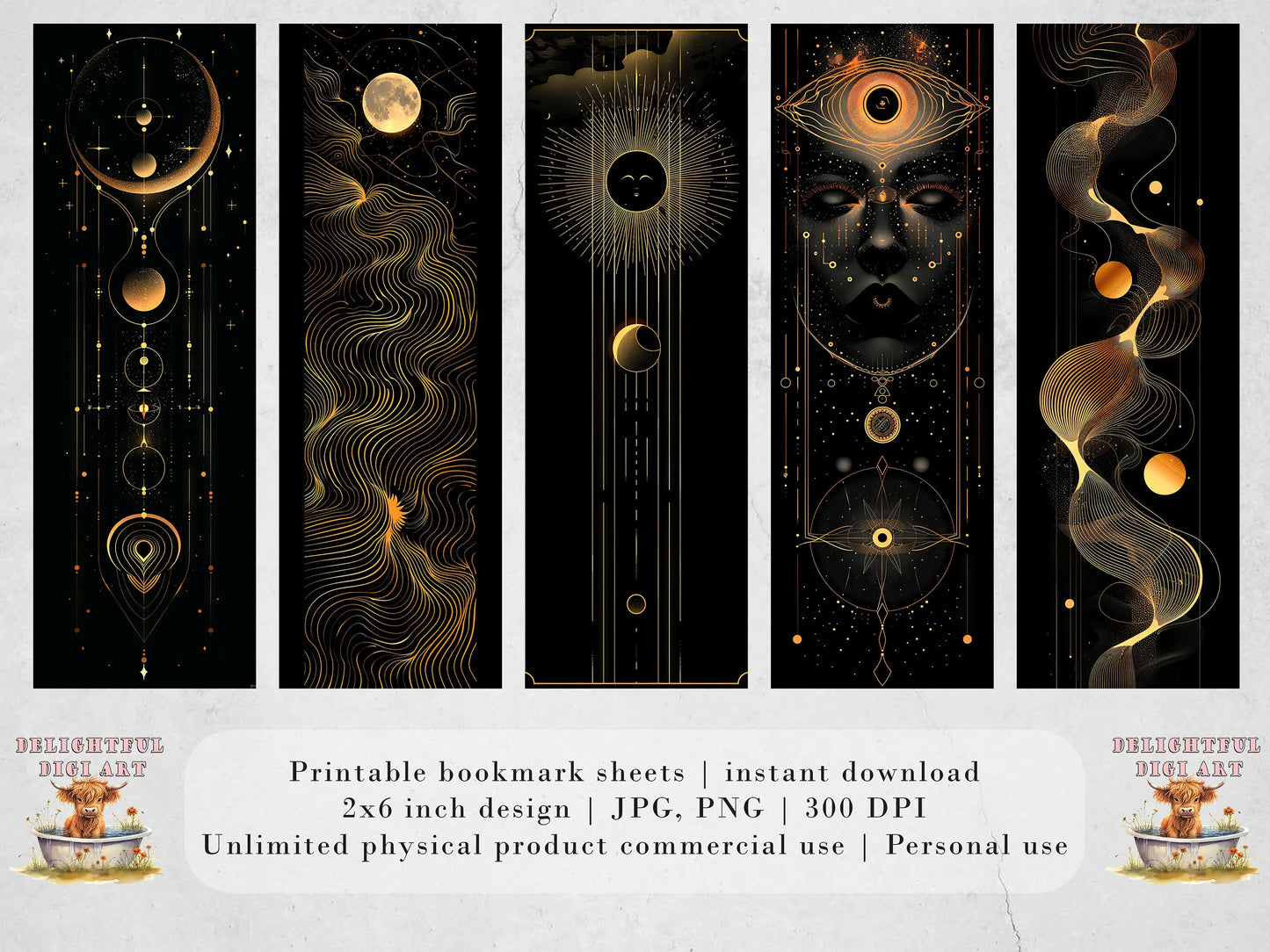 15 Celestial Printable Bookmarks | Golden Planets Digital Download JPG Bookmark Sheets | PNG bookmark sublimation | DIY Bookmarks for Women