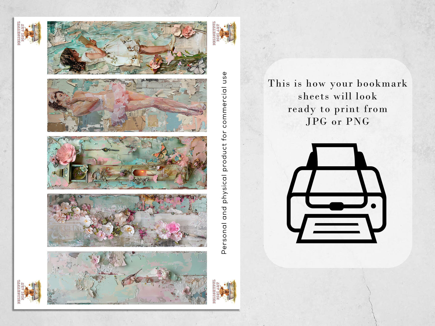 Shabby Chic Printable Bookmarks| 15 Paper Collage Themed Bookmarks| 3 JPG Sheets| PNG bookmark sublimation| Scrapbook Fussy Cuts| DIY Gift