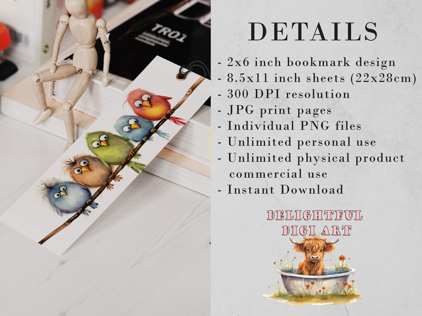 Funny Birds Printable Bookmarks | Digital Download JPG Bookmark Sheets | PNG bookmark sublimation | Quirky Birds On a Branch | Crafter Gift