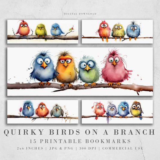 Funny Birds Printable Bookmarks | Digital Download JPG Bookmark Sheets | PNG bookmark sublimation | Quirky Birds On a Branch | Crafter Gift