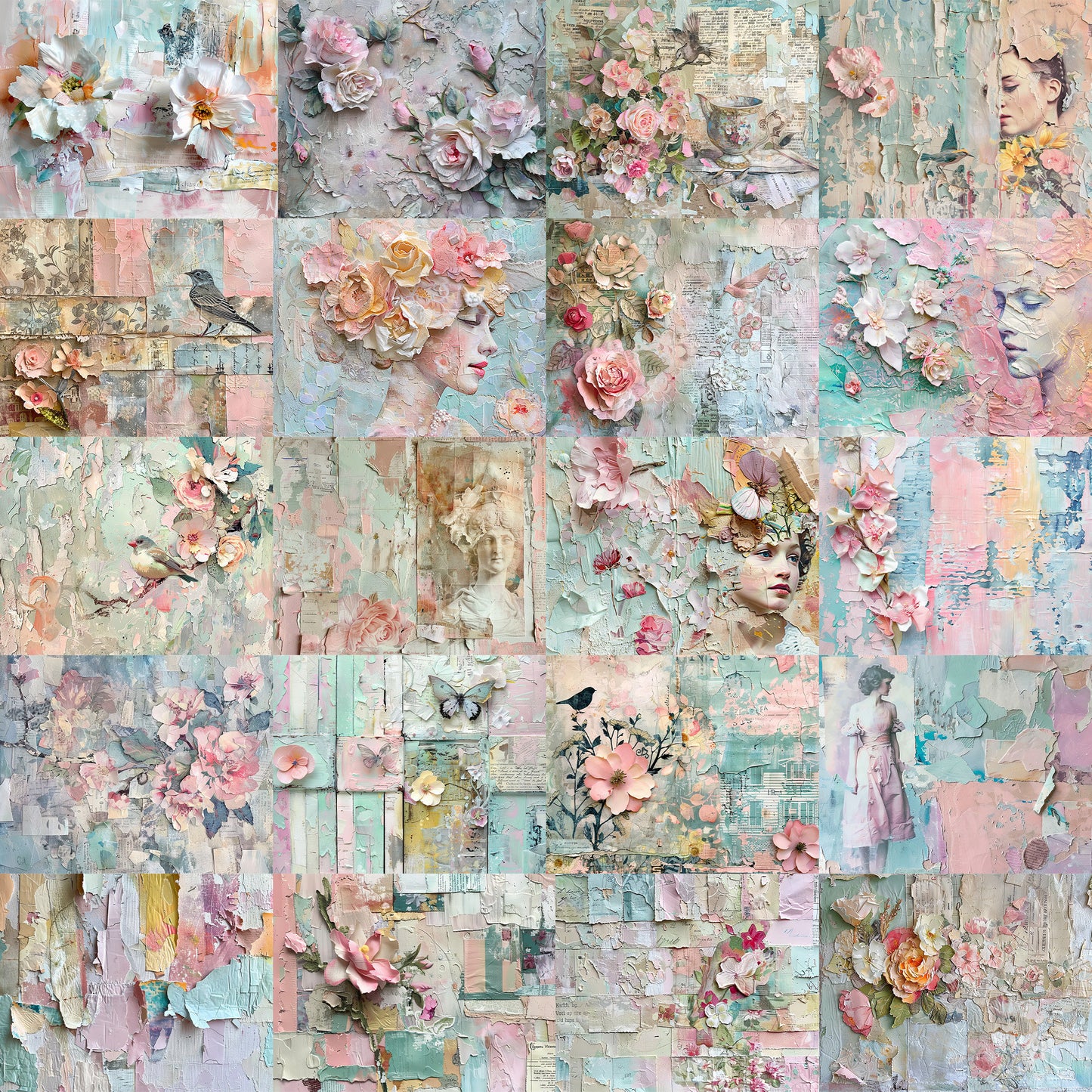 Shabby Chic Art Pages - 40 Pastel Vintage Style Layered Papers, 11x8.5" Commercial Use, Junk Journals, Digital Art, DIY Paper Craft Projects