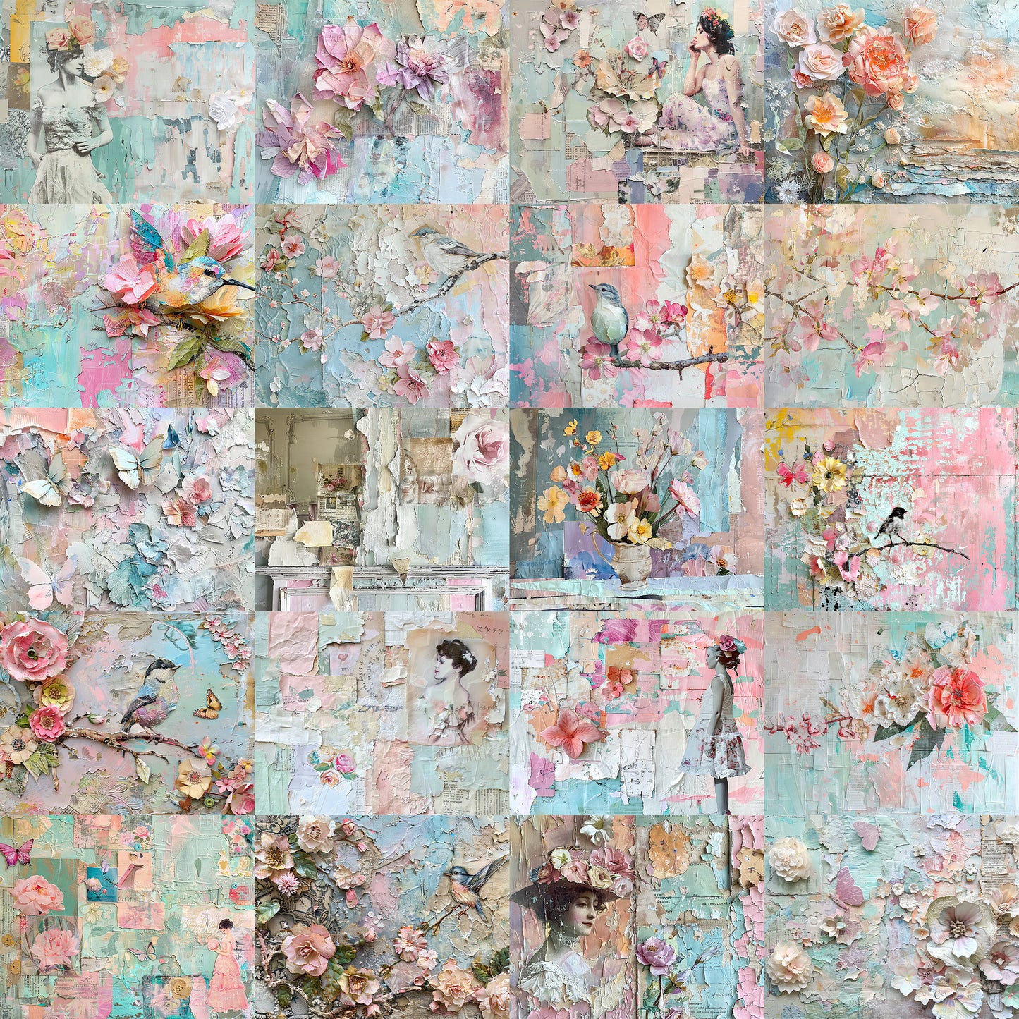 Shabby Chic Art Pages - 40 Pastel Vintage Style Layered Papers, 11x8.5" Commercial Use, Junk Journals, Digital Art, DIY Paper Craft Projects