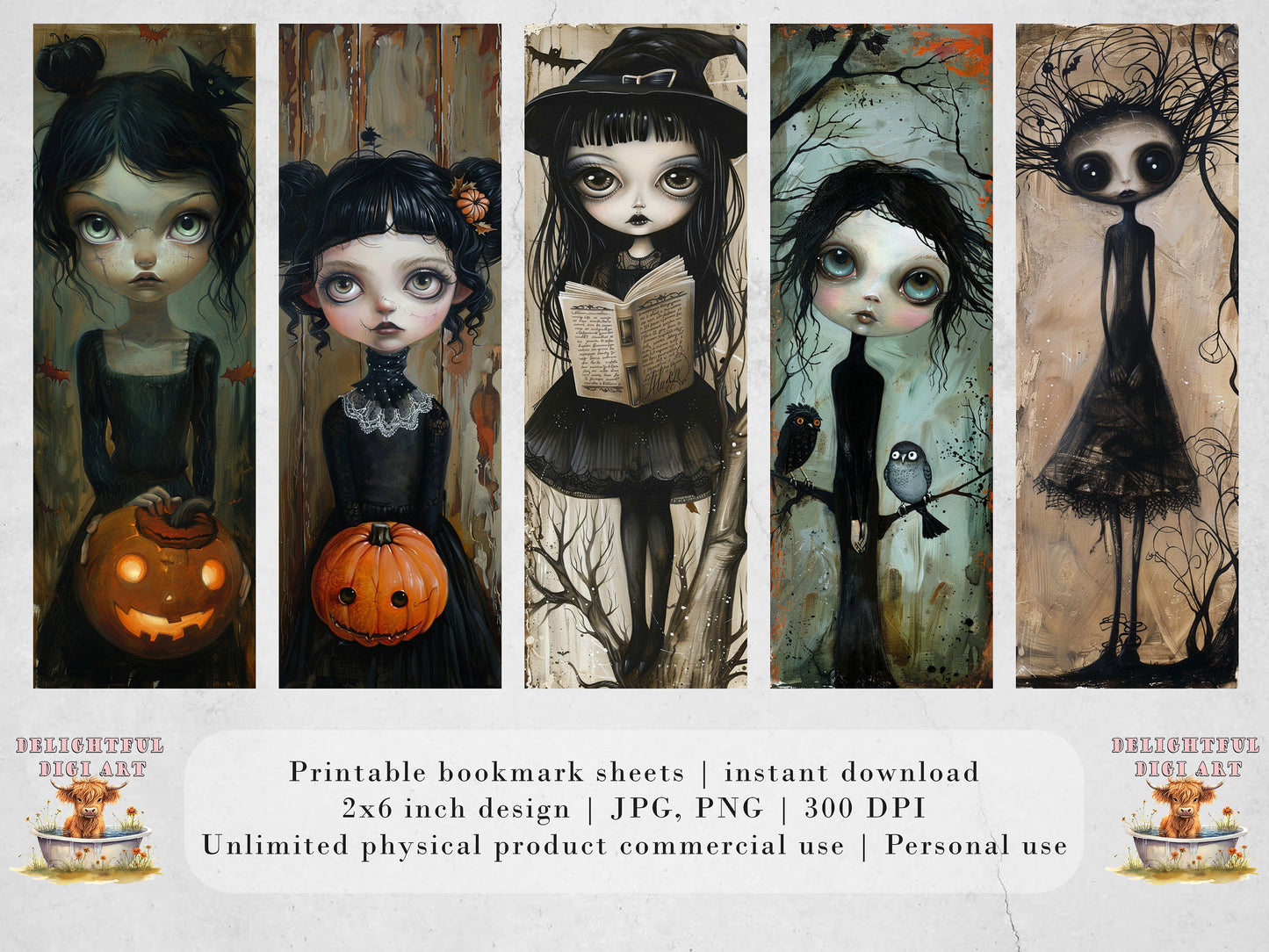 Halloween Girls Printable Bookmarks | Digital Download JPG Bookmark Set| PNG sublimation| Whimsical Spooky bookmark Bundle| Cute Chibi Art