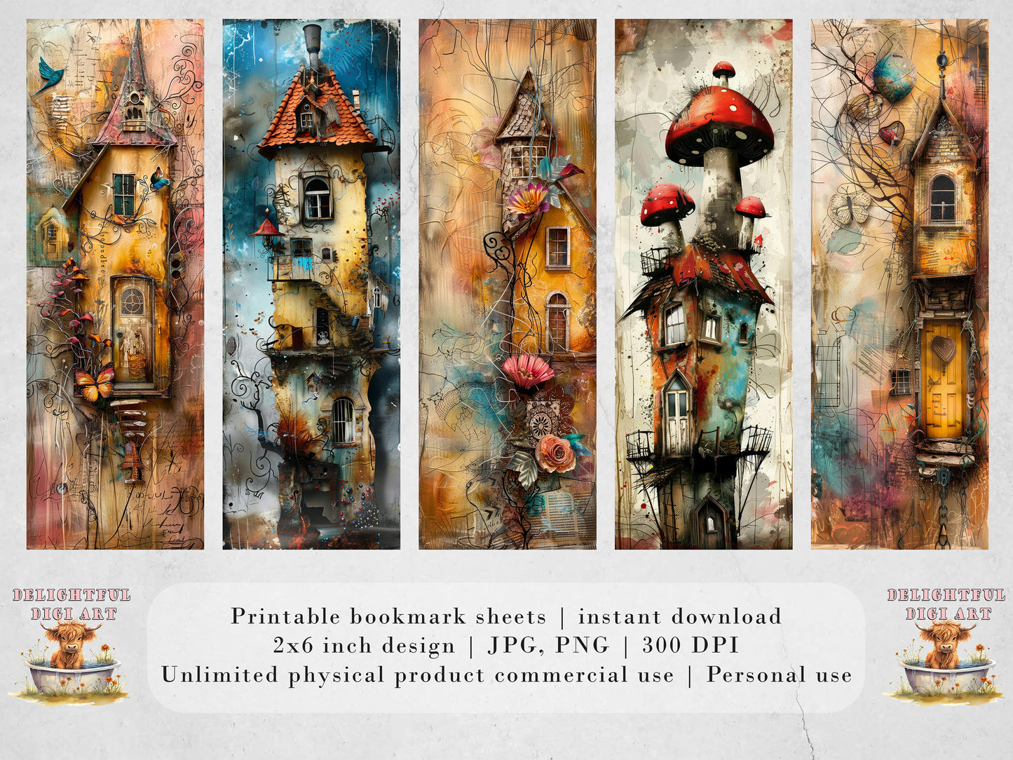 Whimsical Houses Printable Bookmarks| Mixed Media Bookmark Sheets| PNG sublimation| Book Lover Gift | Junk Journal Tags | Scrapbook Images