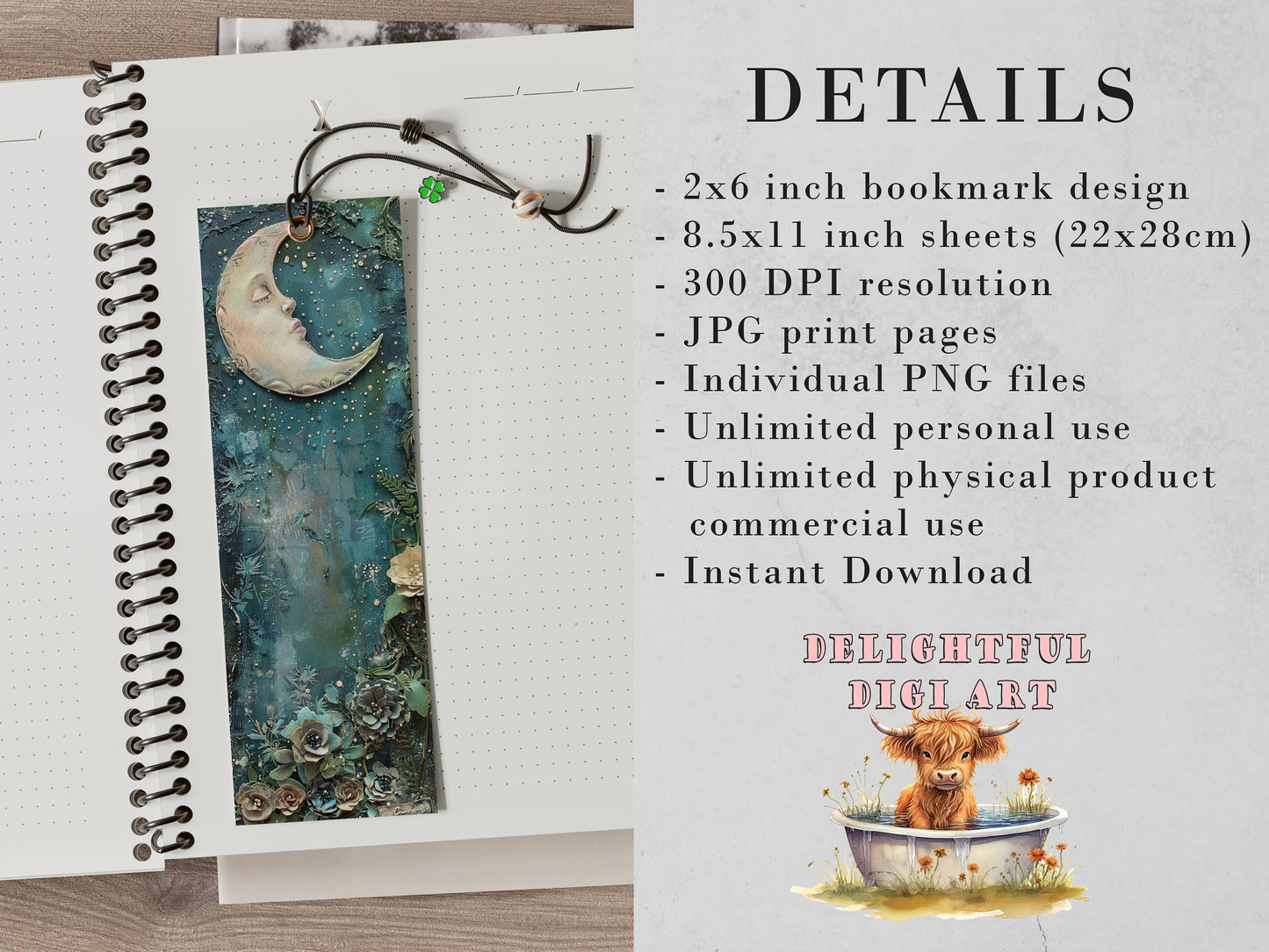 Moonlit Garden Printable Bookmarks| Mixed Media Themed Bookmarks| 4 JPG Sheets| PNG bookmark sublimation| Scrapbook Fussy Cuts| DIY Gift