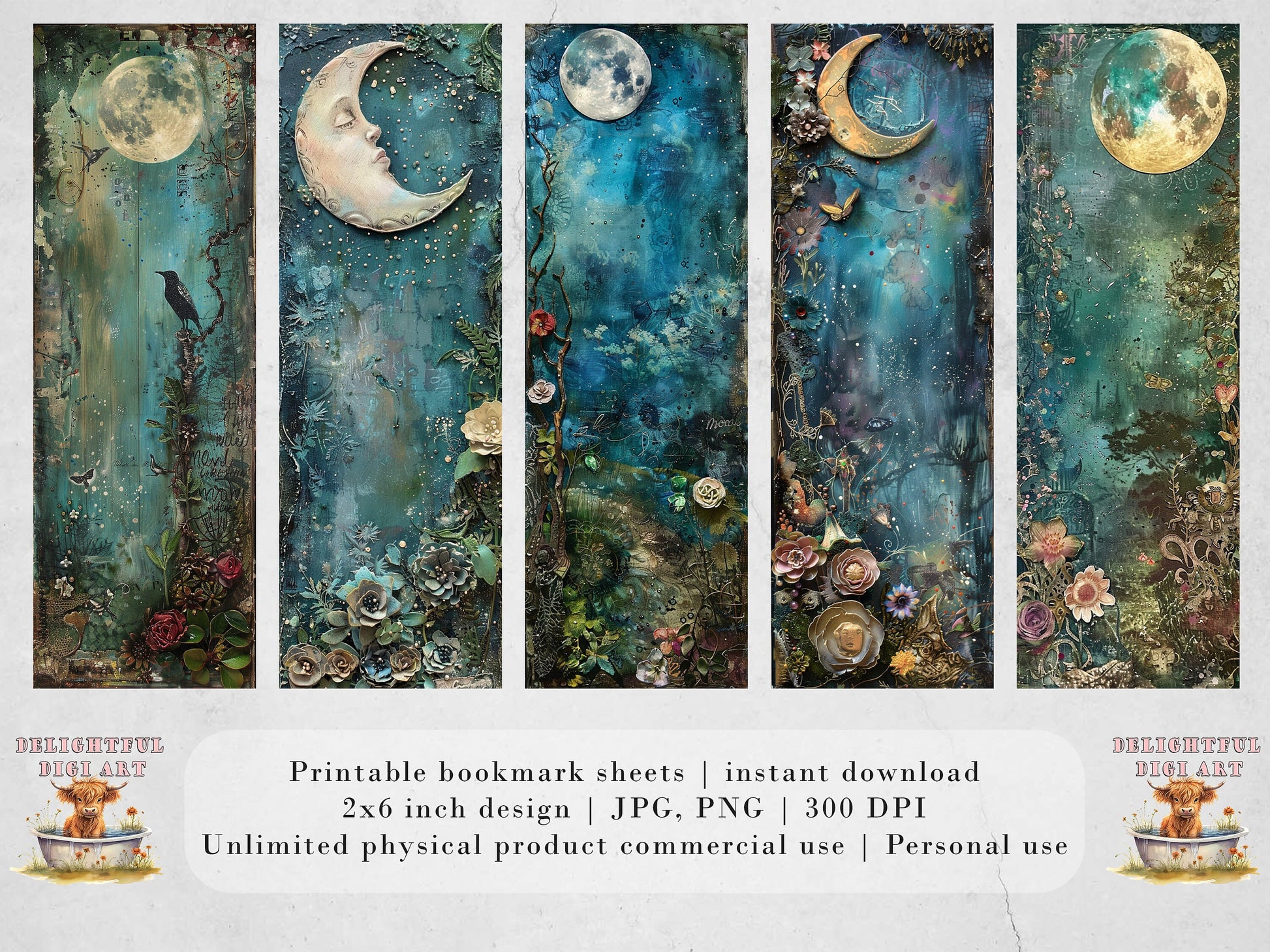 Moonlit Garden Printable Bookmarks| Mixed Media Themed Bookmarks| 4 JPG Sheets| PNG bookmark sublimation| Scrapbook Fussy Cuts| DIY Gift