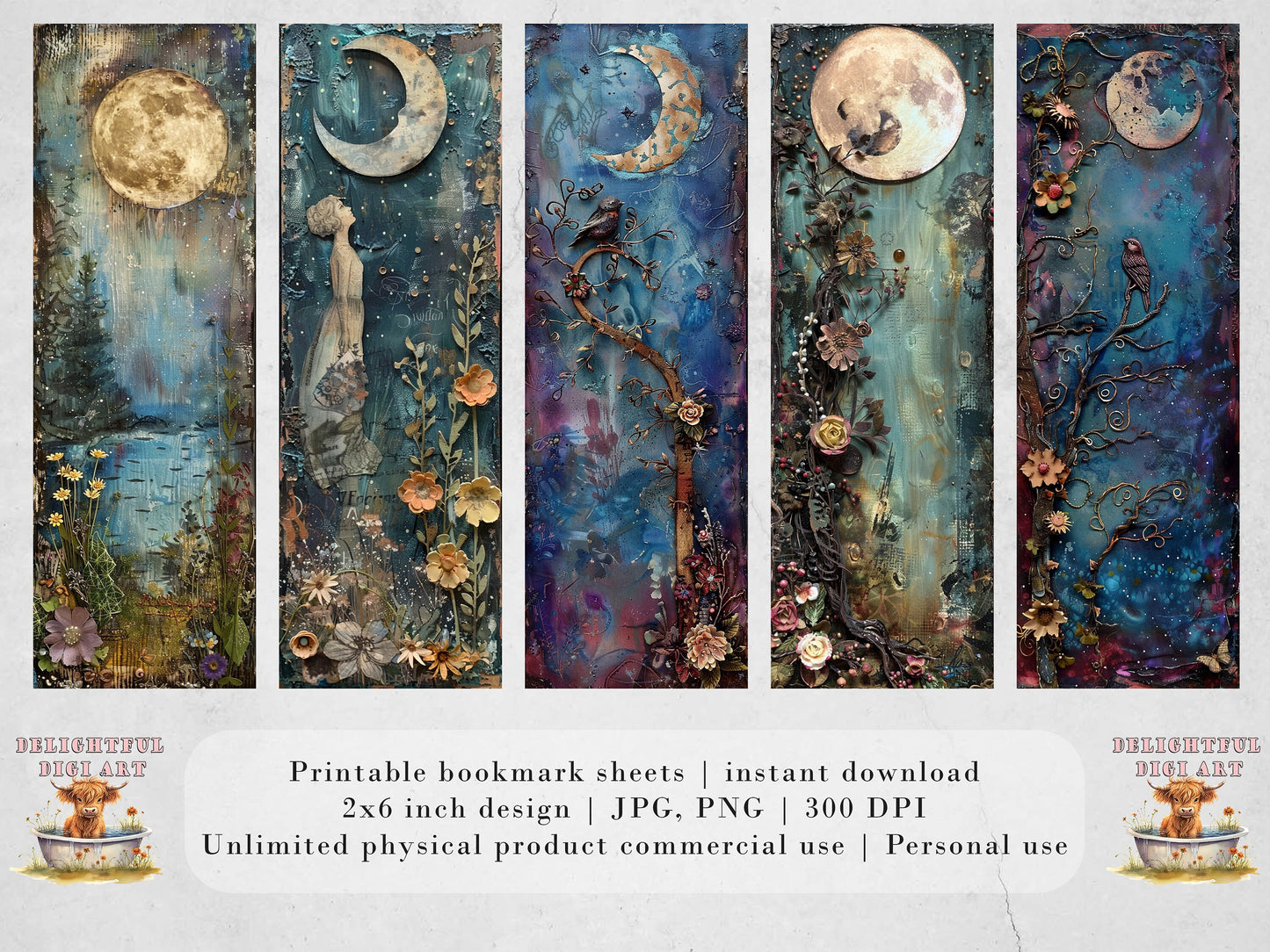 Moonlit Garden Printable Bookmarks| Mixed Media Themed Bookmarks| 4 JPG Sheets| PNG bookmark sublimation| Scrapbook Fussy Cuts| DIY Gift