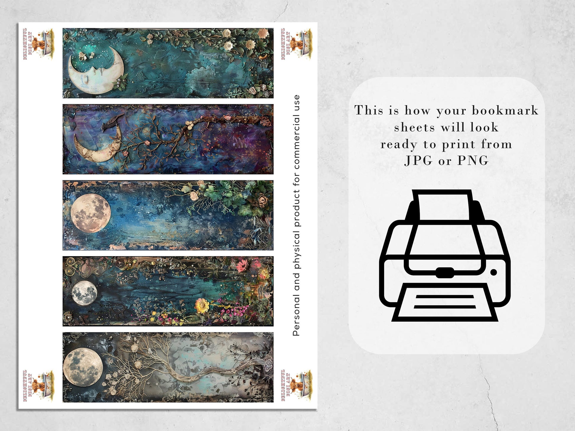 Moonlit Garden Printable Bookmarks| Mixed Media Themed Bookmarks| 4 JPG Sheets| PNG bookmark sublimation| Scrapbook Fussy Cuts| DIY Gift