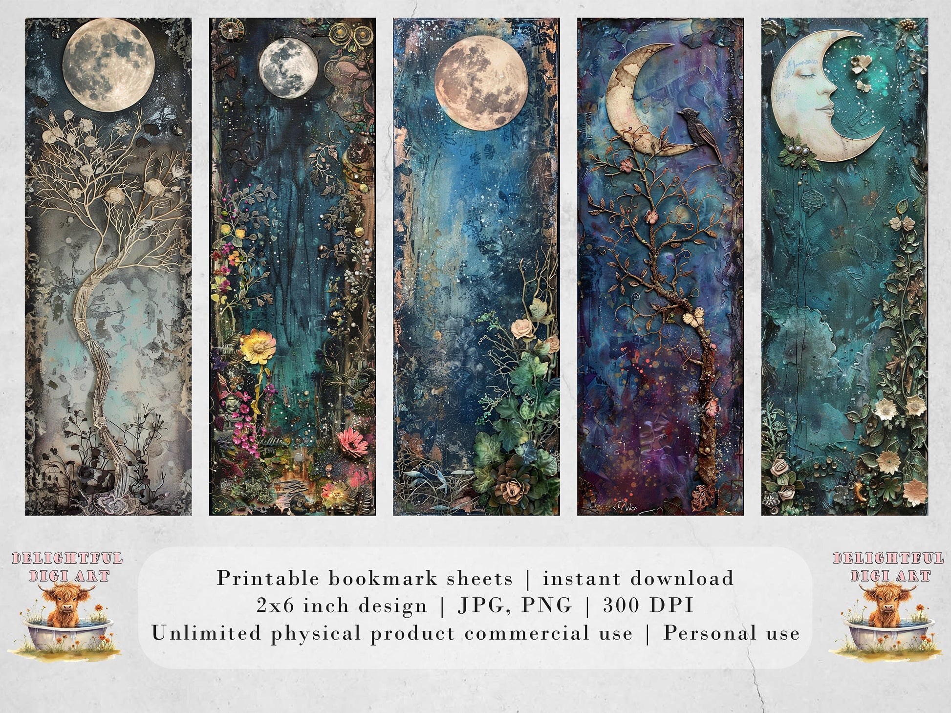 Moonlit Garden Printable Bookmarks| Mixed Media Themed Bookmarks| 4 JPG Sheets| PNG bookmark sublimation| Scrapbook Fussy Cuts| DIY Gift