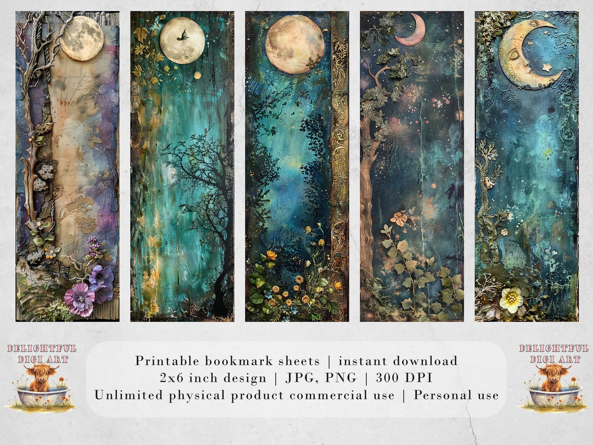 Moonlit Garden Printable Bookmarks| Mixed Media Themed Bookmarks| 4 JPG Sheets| PNG bookmark sublimation| Scrapbook Fussy Cuts| DIY Gift