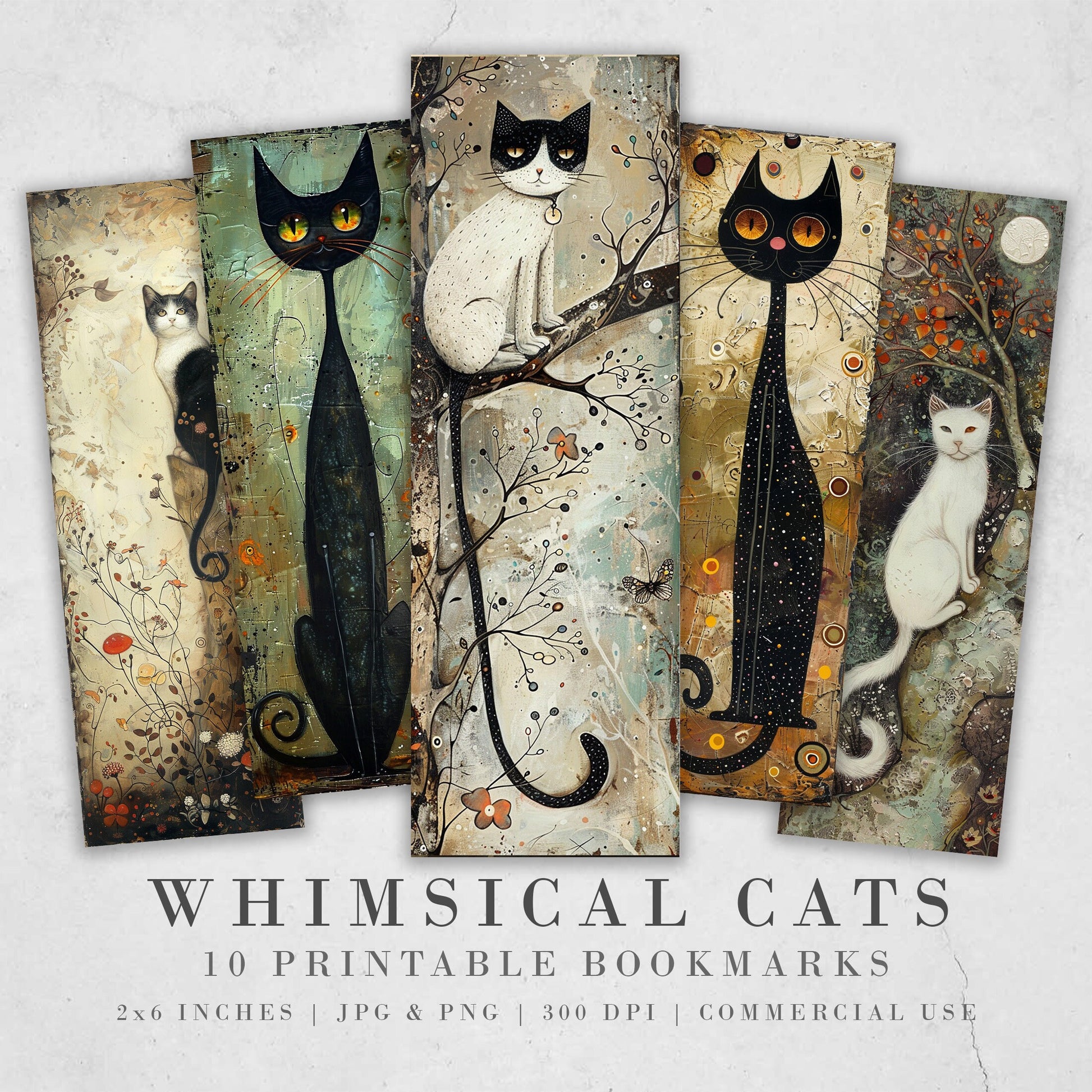 10 Whimsical Cats Printable Bookmarks | Digital Download JPG Bookmark Set| PNG bookmark sublimation | Quirky bookmark set | Fussy Cuts Gift