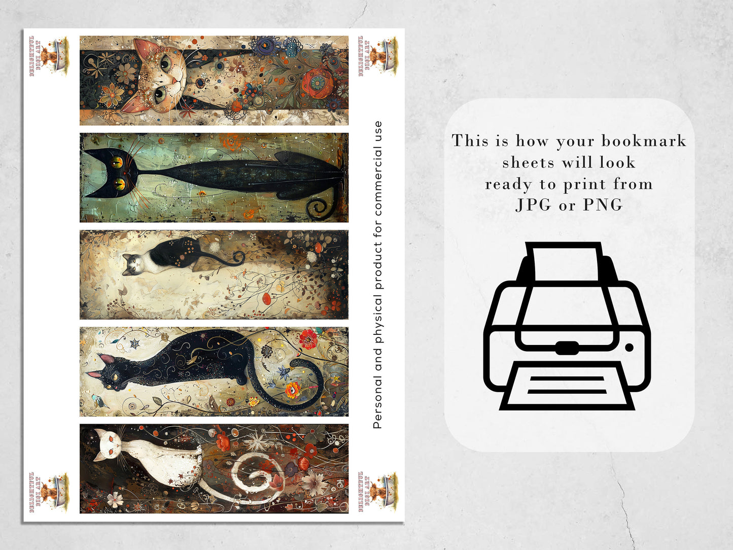 10 Whimsical Cats Printable Bookmarks | Digital Download JPG Bookmark Set| PNG bookmark sublimation | Quirky bookmark set | Fussy Cuts Gift