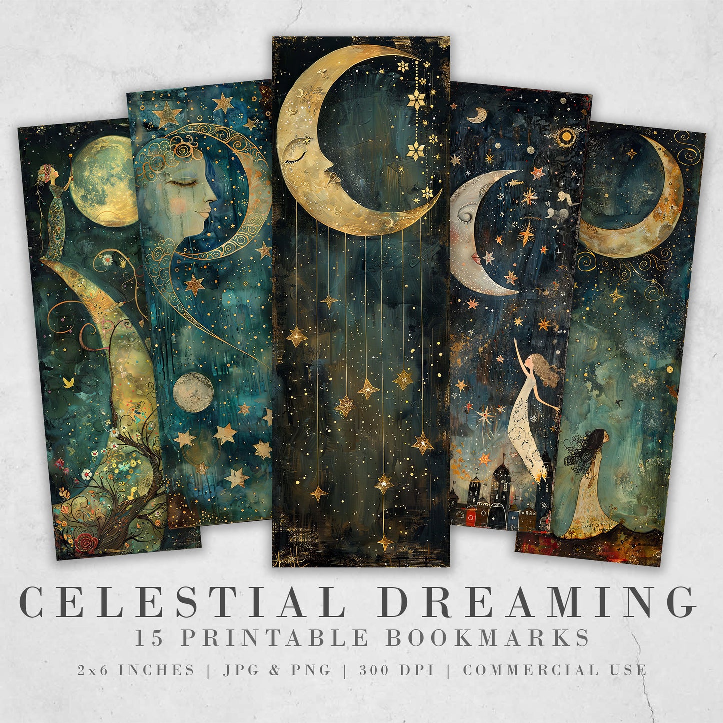 Celestial Dreaming Printable Bookmarks| Dream Themed Bookmarks| 3 JPG Sheets| PNG bookmark sublimation| Whimsical Scrapbooking DIY Gift Idea