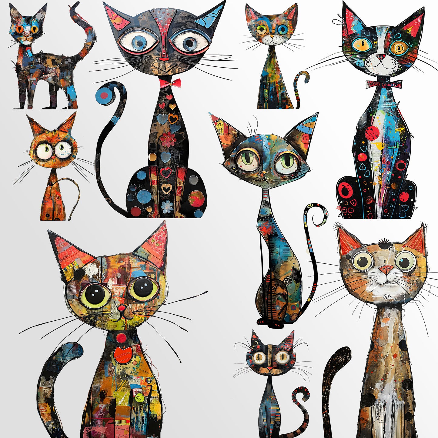 Meow Society Clipart: Quirky Cat Characters | Mixed Media Felines | Junk Journal Art | PNG Bundle| Sublimation files| Digital Illustration