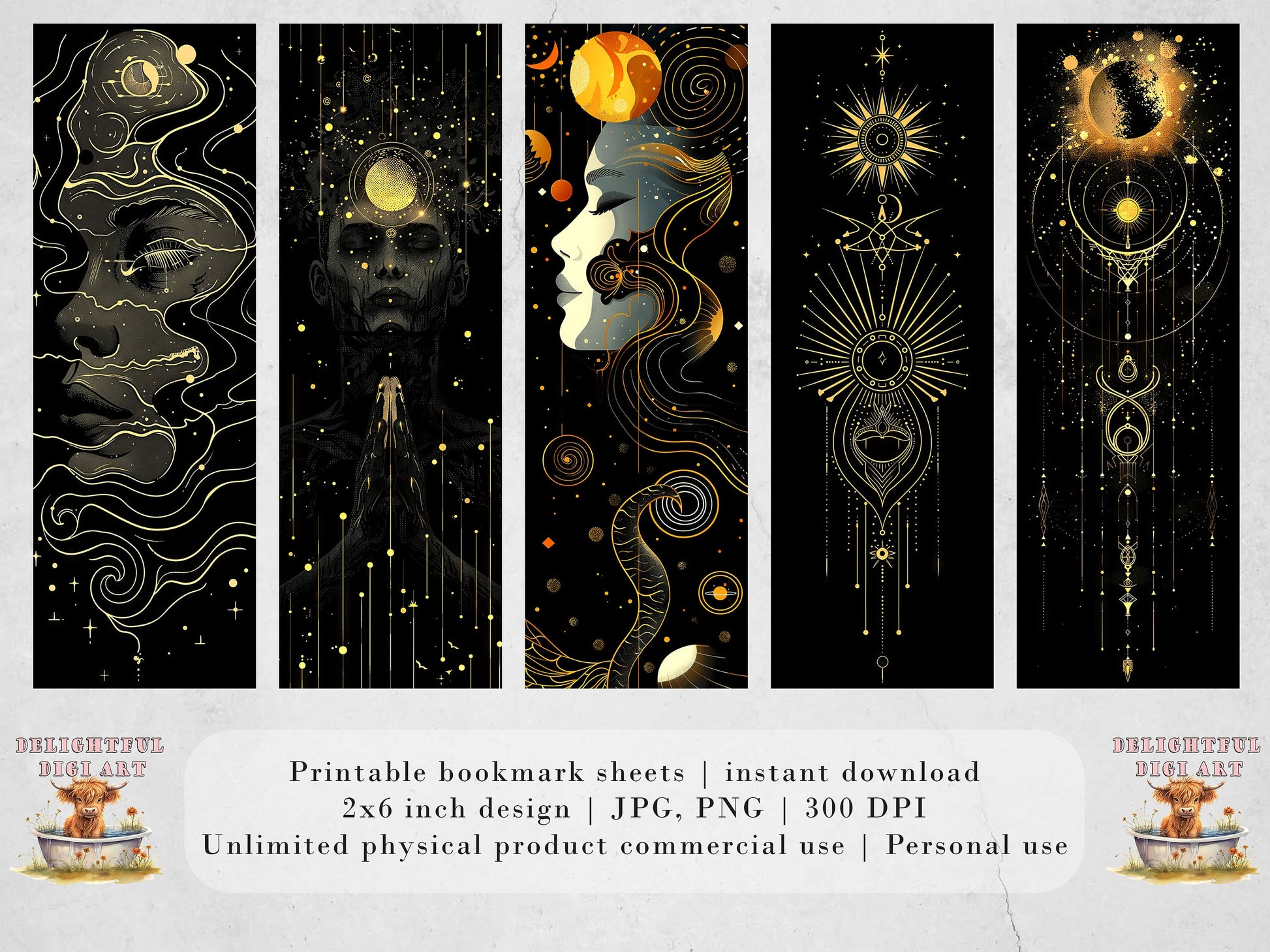 15 Celestial Printable Bookmarks | Golden Planets Digital Download JPG Bookmark Sheets | PNG bookmark sublimation | DIY Bookmarks for Women