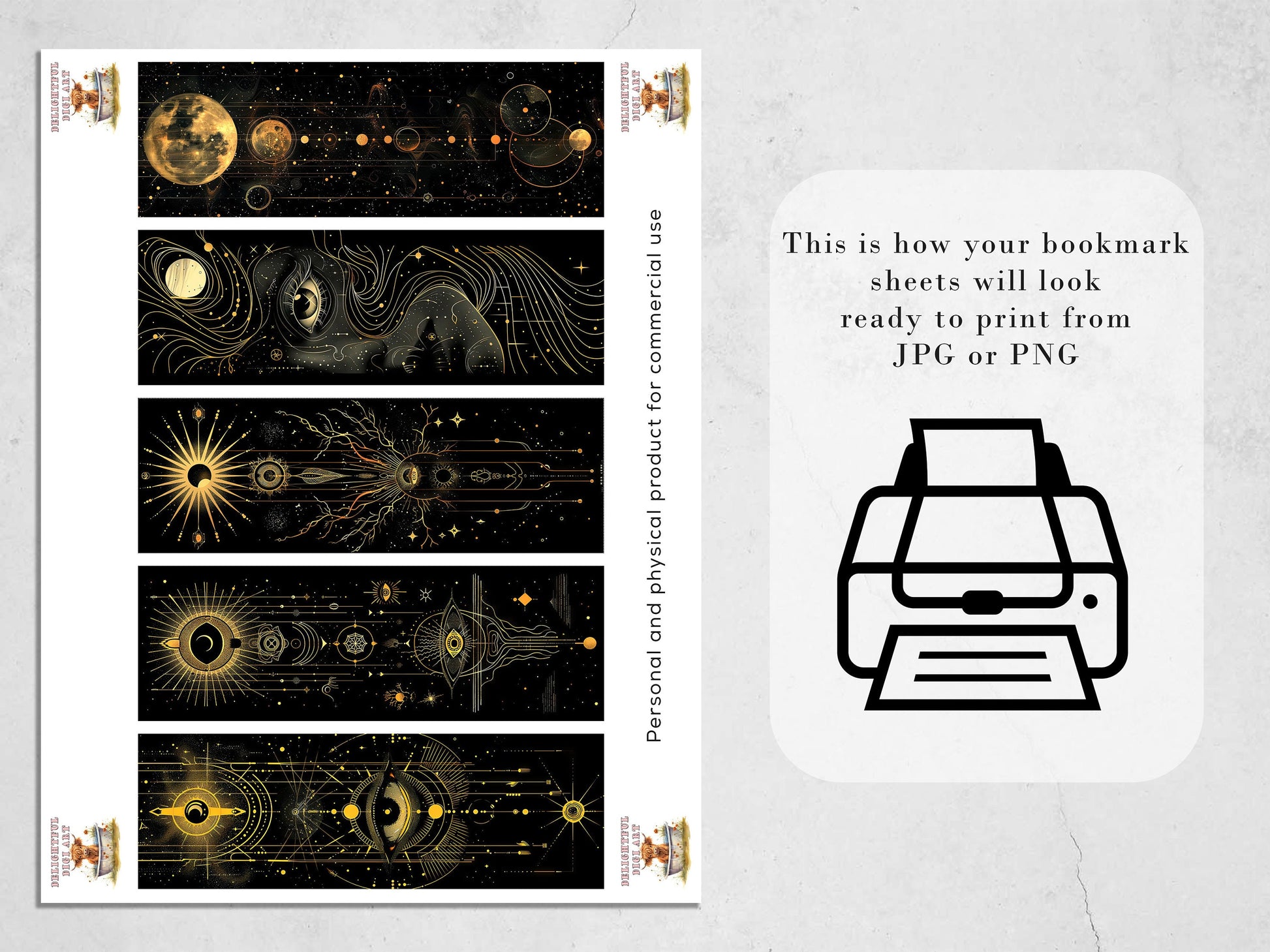 15 Celestial Printable Bookmarks | Golden Planets Digital Download JPG Bookmark Sheets | PNG bookmark sublimation | DIY Bookmarks for Women