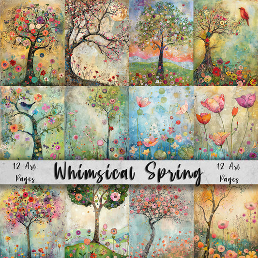 Whimsical Spring Printable Art Pages, Quirky Art Pack, Flowers, Trees, Birds, Garden, Landscape, Pastel Colors, Lilly Pad, Craft Gift Idea