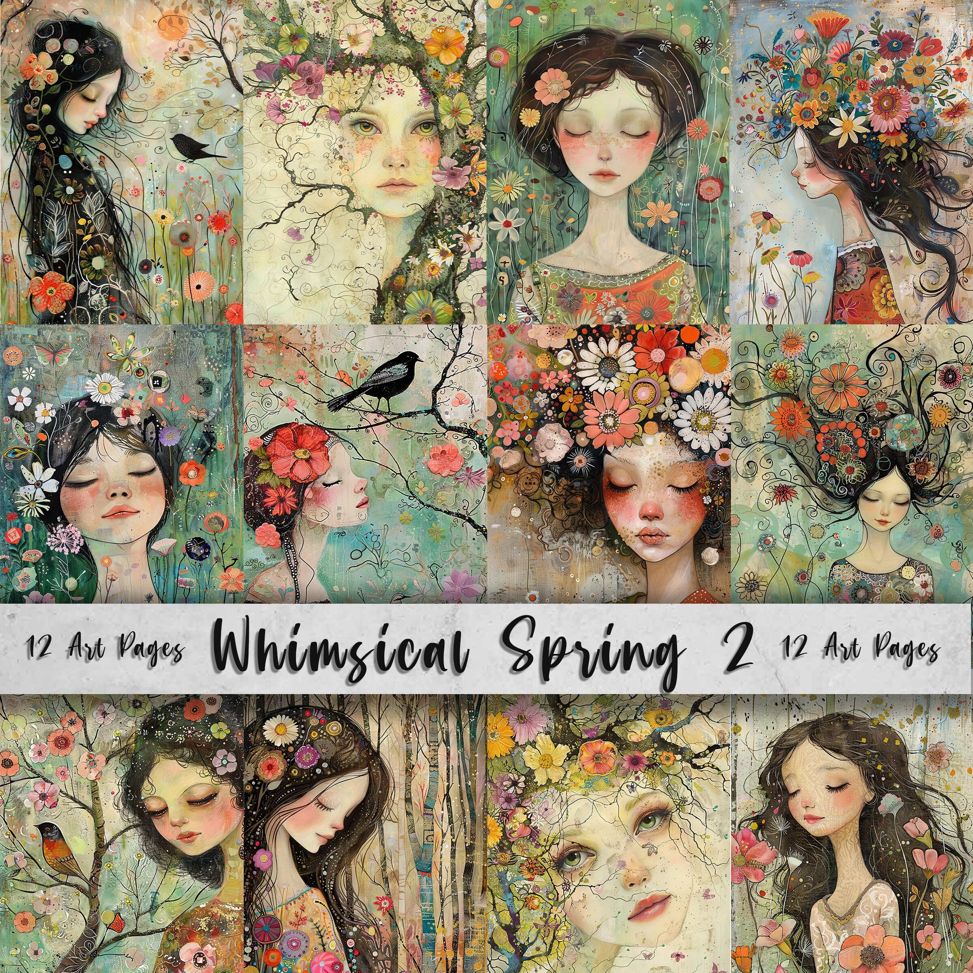 Whimsical Spring 2 Printable Art Pages, Quirky Art Pack, Flowers, Trees, Birds, Garden, Girls Wall Art, Craft Gift Idea, Junk Journal Kit