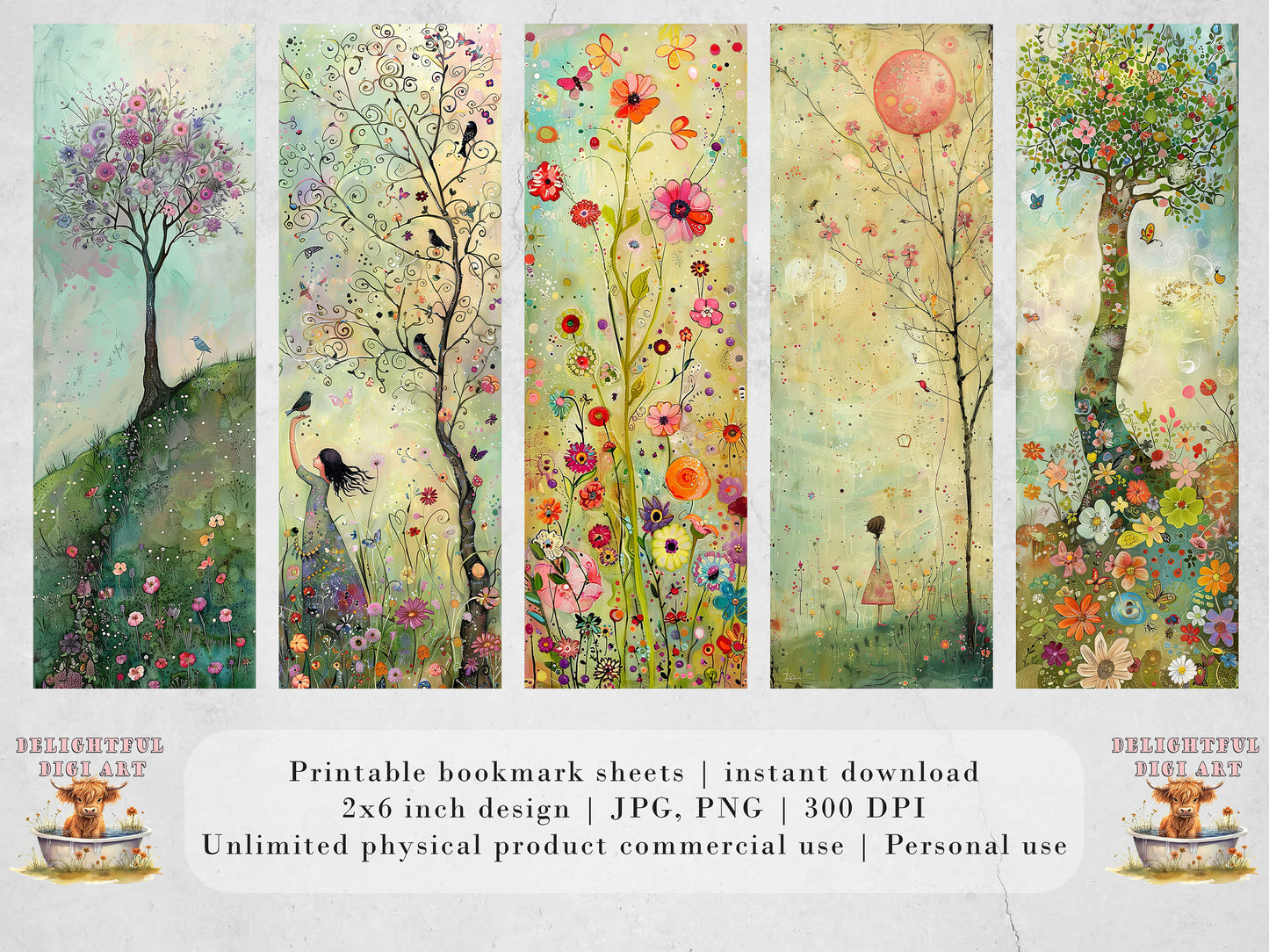 Whimsical Spring Printable Bookmarks: Trendy Gift Idea, JPG Sheets, PNG bookmark sublimation, Girls, Flowers, Birds, Butterflies, Gift Idea