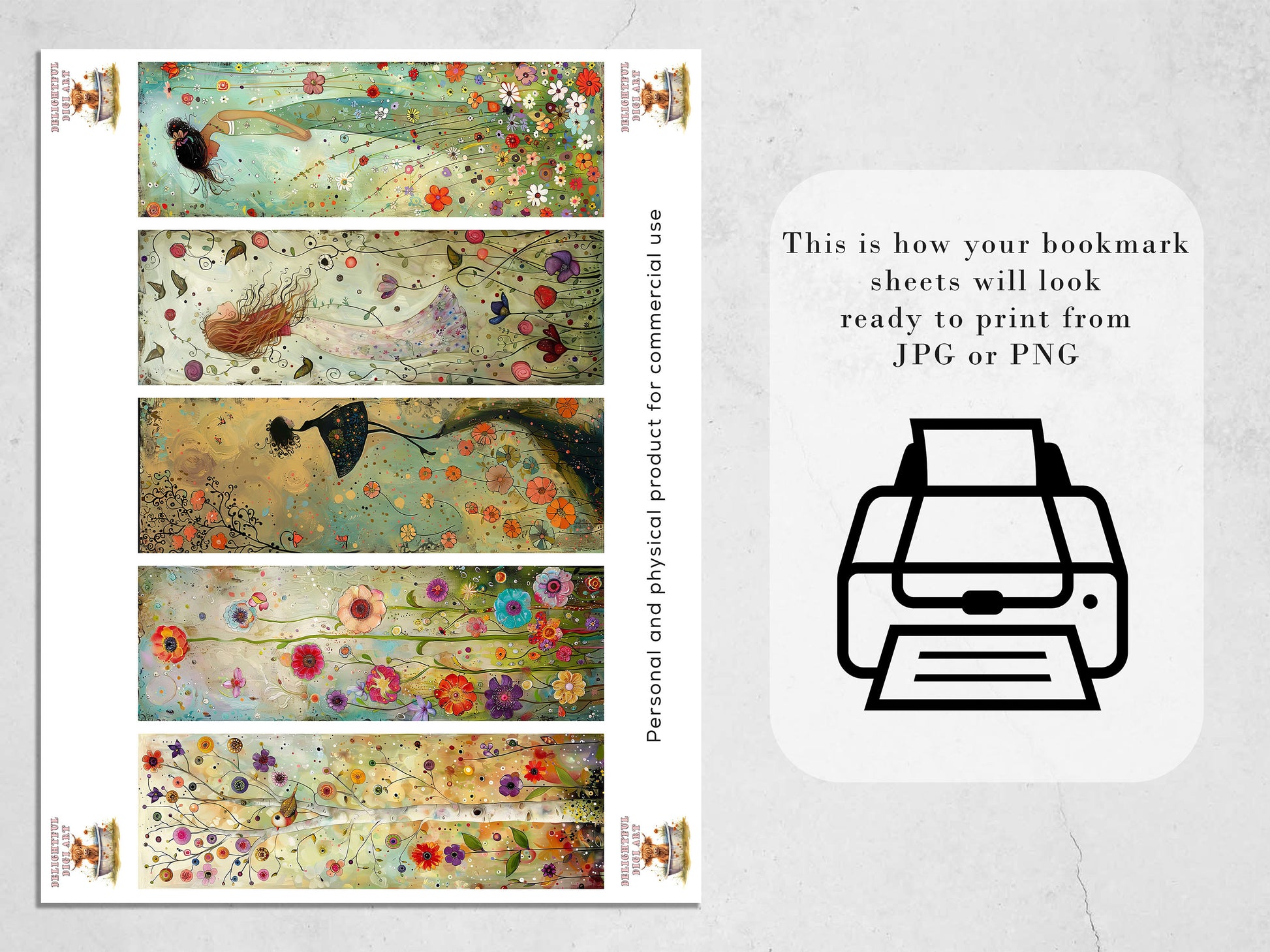 Whimsical Spring Printable Bookmarks: Trendy Gift Idea, JPG Sheets, PNG bookmark sublimation, Girls, Flowers, Birds, Butterflies, Gift Idea