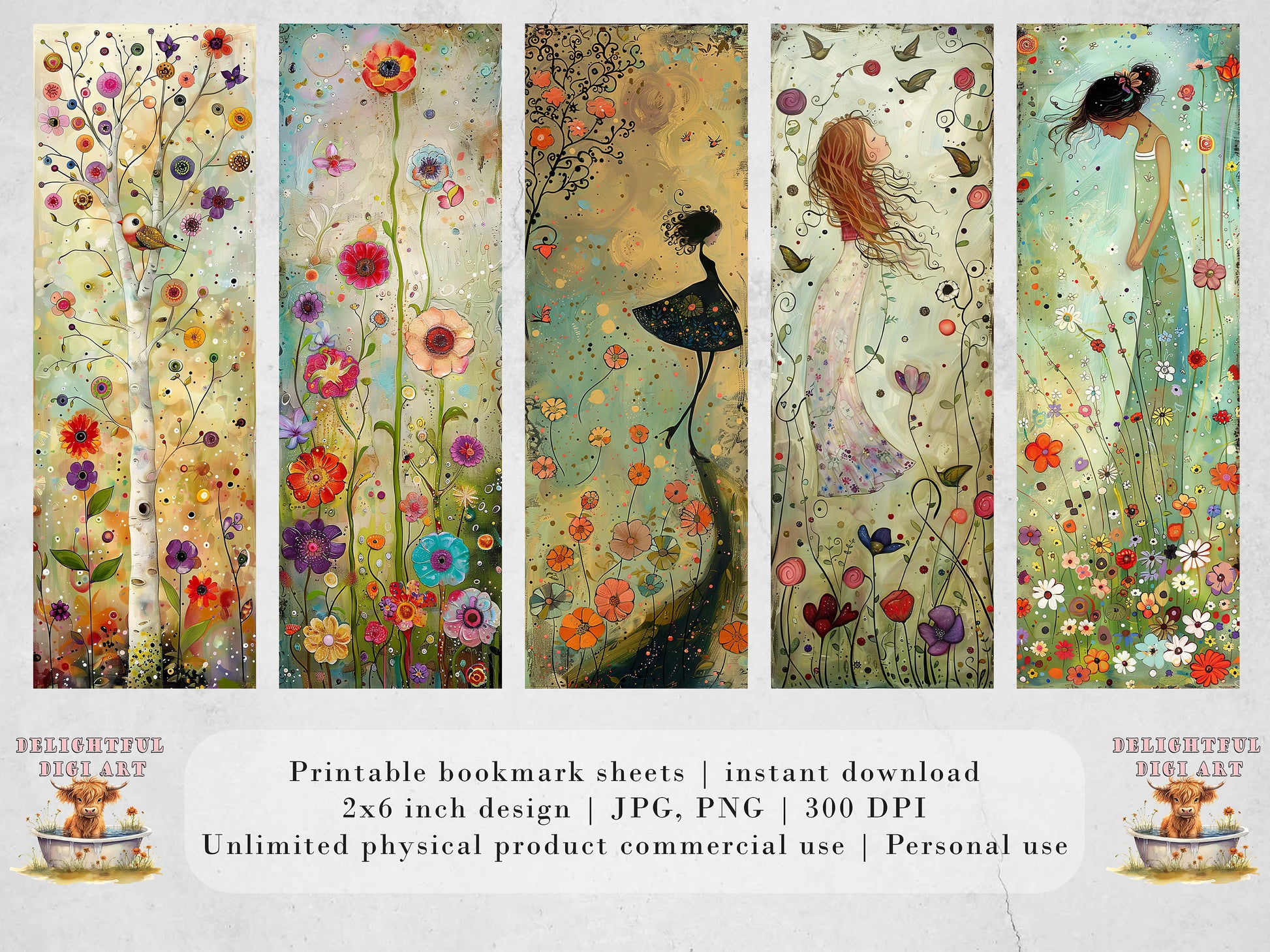 Whimsical Spring Printable Bookmarks: Trendy Gift Idea, JPG Sheets, PNG bookmark sublimation, Girls, Flowers, Birds, Butterflies, Gift Idea