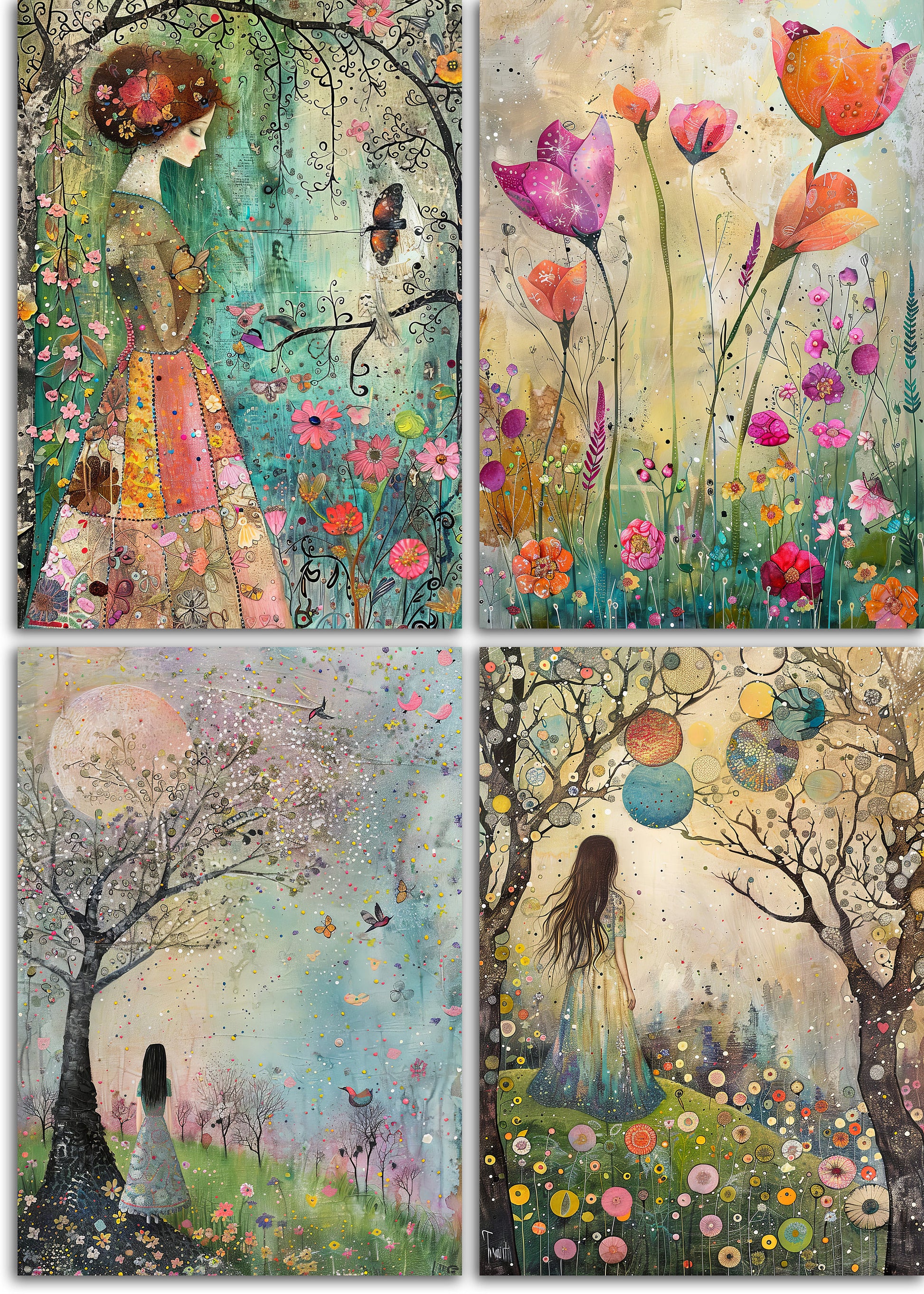 Whimsical Spring 3 Printable Art Pages, Quirky Art Pack, Flowers, Trees, Birds, Garden, Girls Wall Art, Craft Gift Idea, Junk Journal Kit