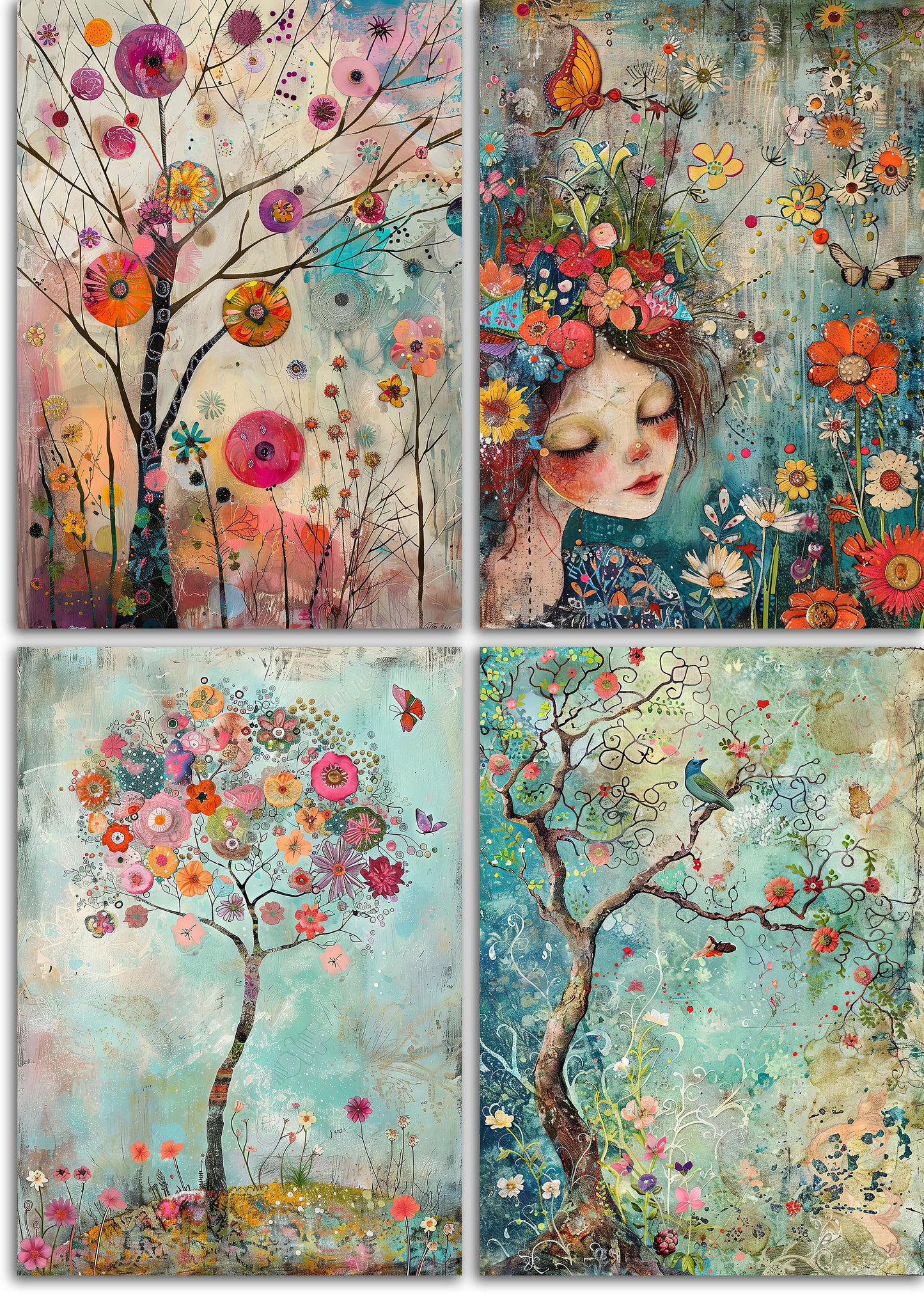 Whimsical Spring 3 Printable Art Pages, Quirky Art Pack, Flowers, Trees, Birds, Garden, Girls Wall Art, Craft Gift Idea, Junk Journal Kit