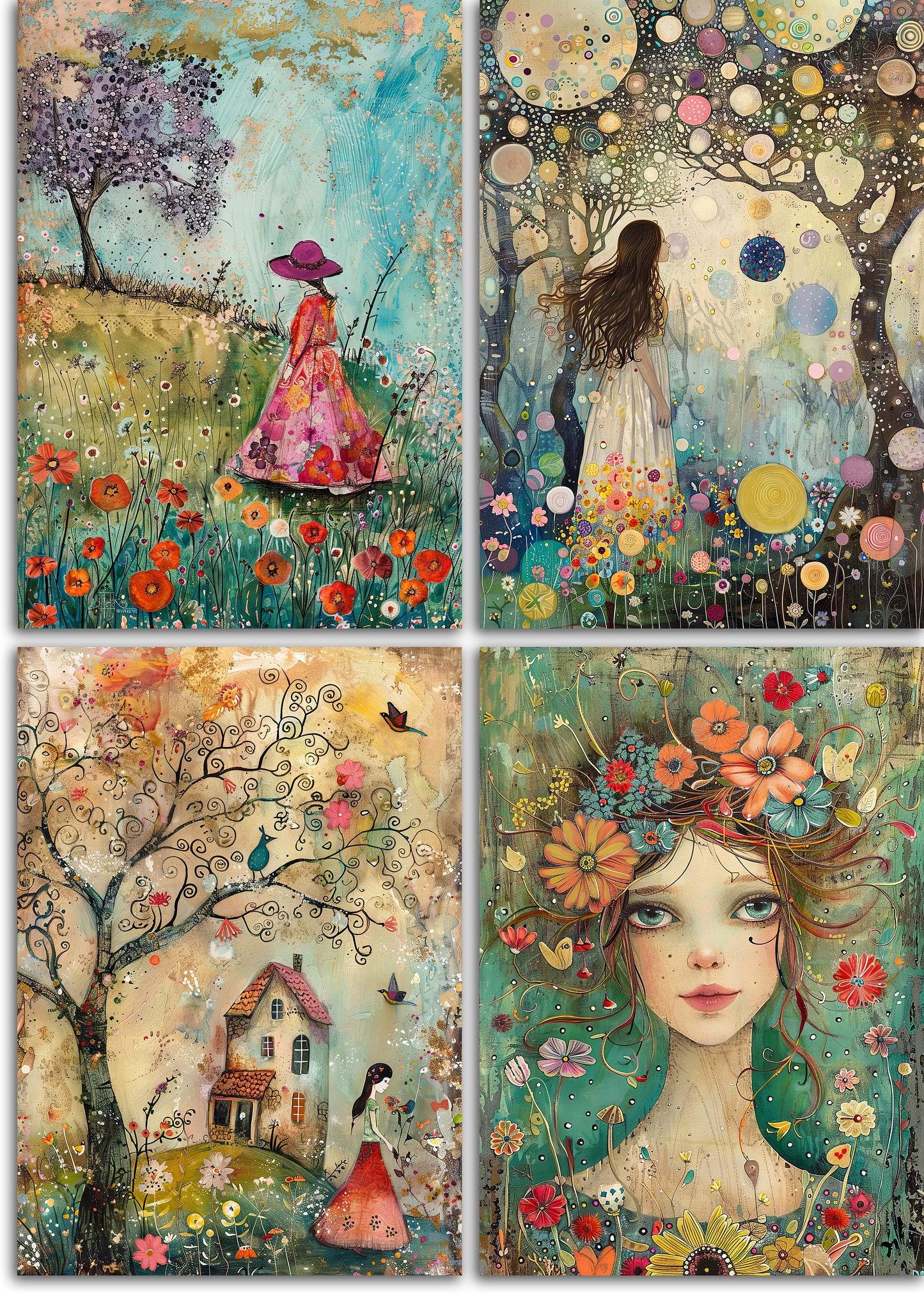 Whimsical Spring 3 Printable Art Pages, Quirky Art Pack, Flowers, Trees, Birds, Garden, Girls Wall Art, Craft Gift Idea, Junk Journal Kit