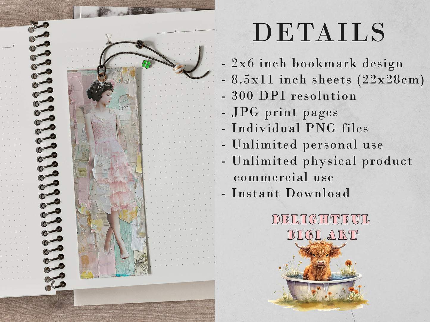 Shabby Chic Printable Bookmarks| 15 Paper Collage Themed Bookmarks| 3 JPG Sheets| PNG bookmark sublimation| Scrapbook Fussy Cuts| DIY Gift