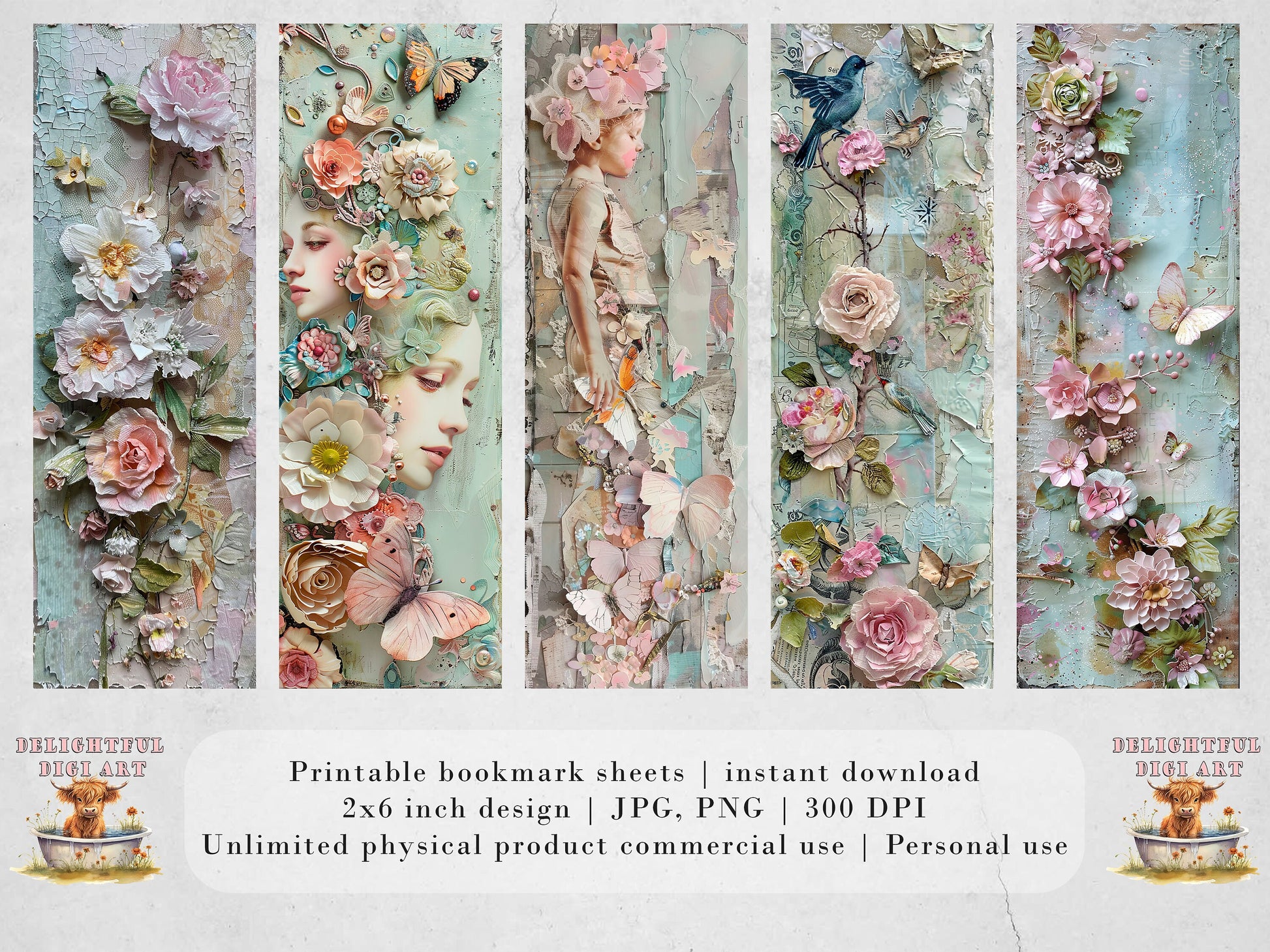 Shabby Chic Printable Bookmarks| 15 Paper Collage Themed Bookmarks| 3 JPG Sheets| PNG bookmark sublimation| Scrapbook Fussy Cuts| DIY Gift