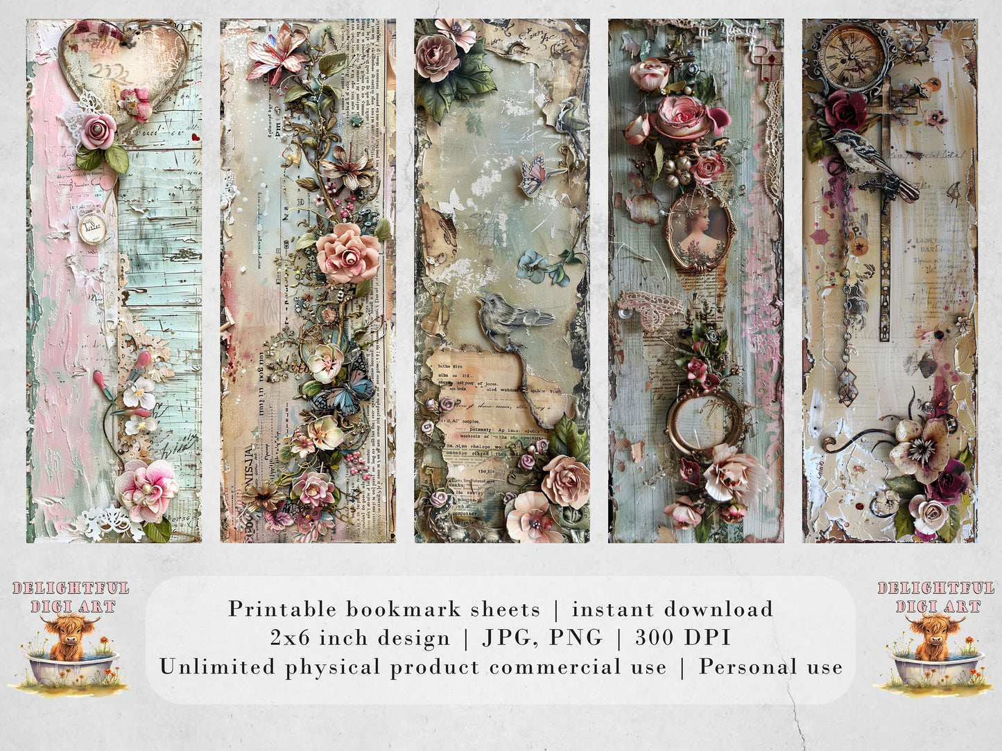 Vintage Chic Printable Bookmarks| 15 Romantically Themed Bookmarks| 3 JPG Sheets PNG bookmark sublimation Junk Journal Ephemera Scrapbooking