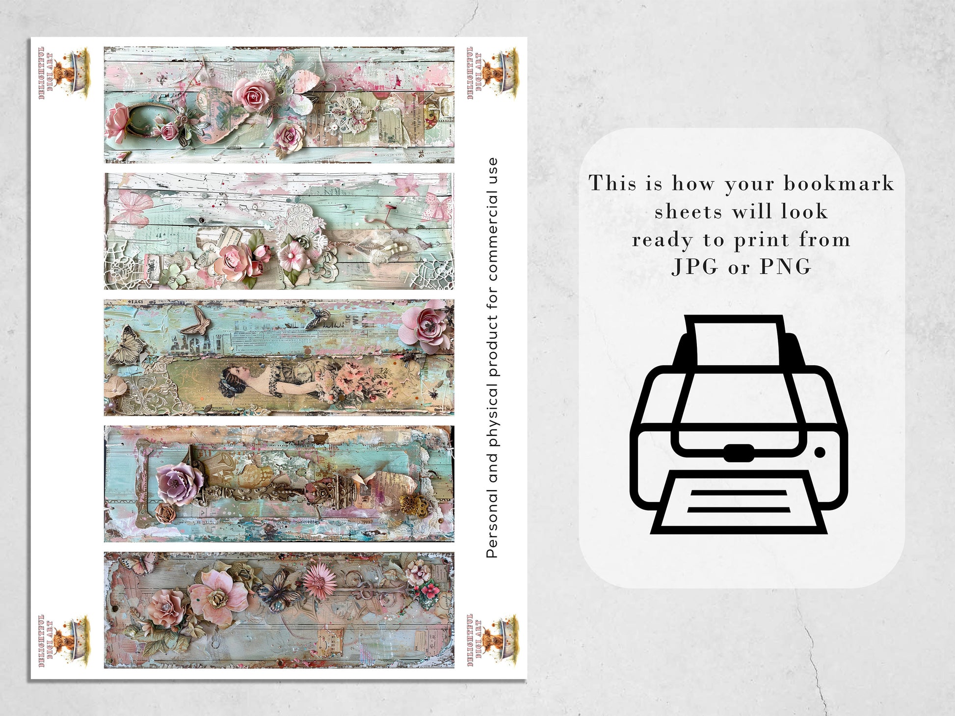 Vintage Chic Printable Bookmarks| 15 Romantically Themed Bookmarks| 3 JPG Sheets PNG bookmark sublimation Junk Journal Ephemera Scrapbooking