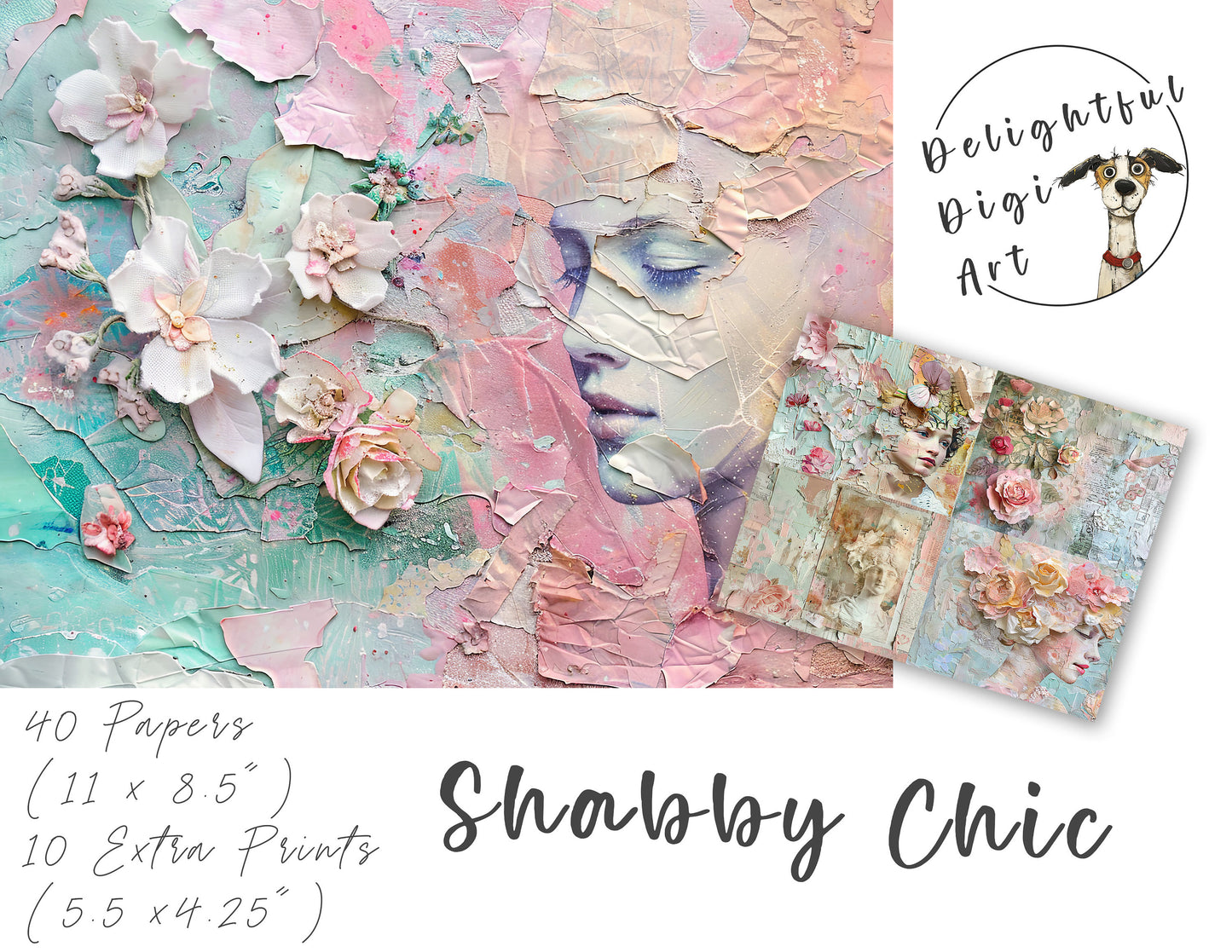 Shabby Chic Art Pages - 40 Pastel Vintage Style Layered Papers, 11x8.5" Commercial Use, Junk Journals, Digital Art, DIY Paper Craft Projects