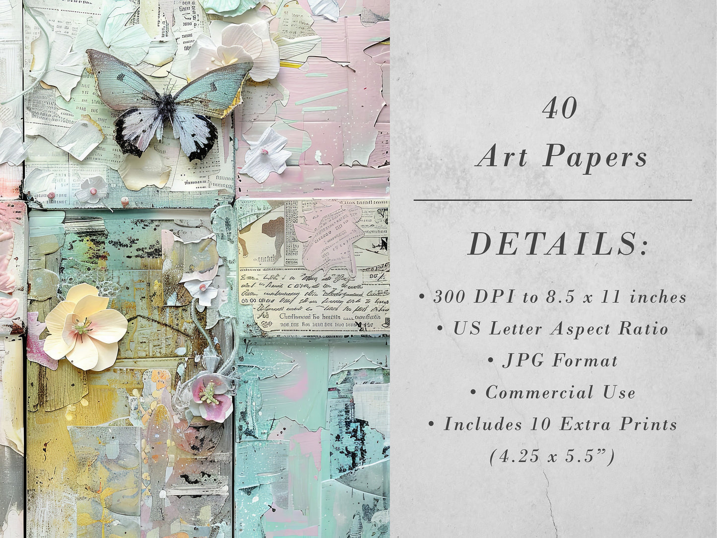 Shabby Chic Art Pages - 40 Pastel Vintage Style Layered Papers, 11x8.5" Commercial Use, Junk Journals, Digital Art, DIY Paper Craft Projects