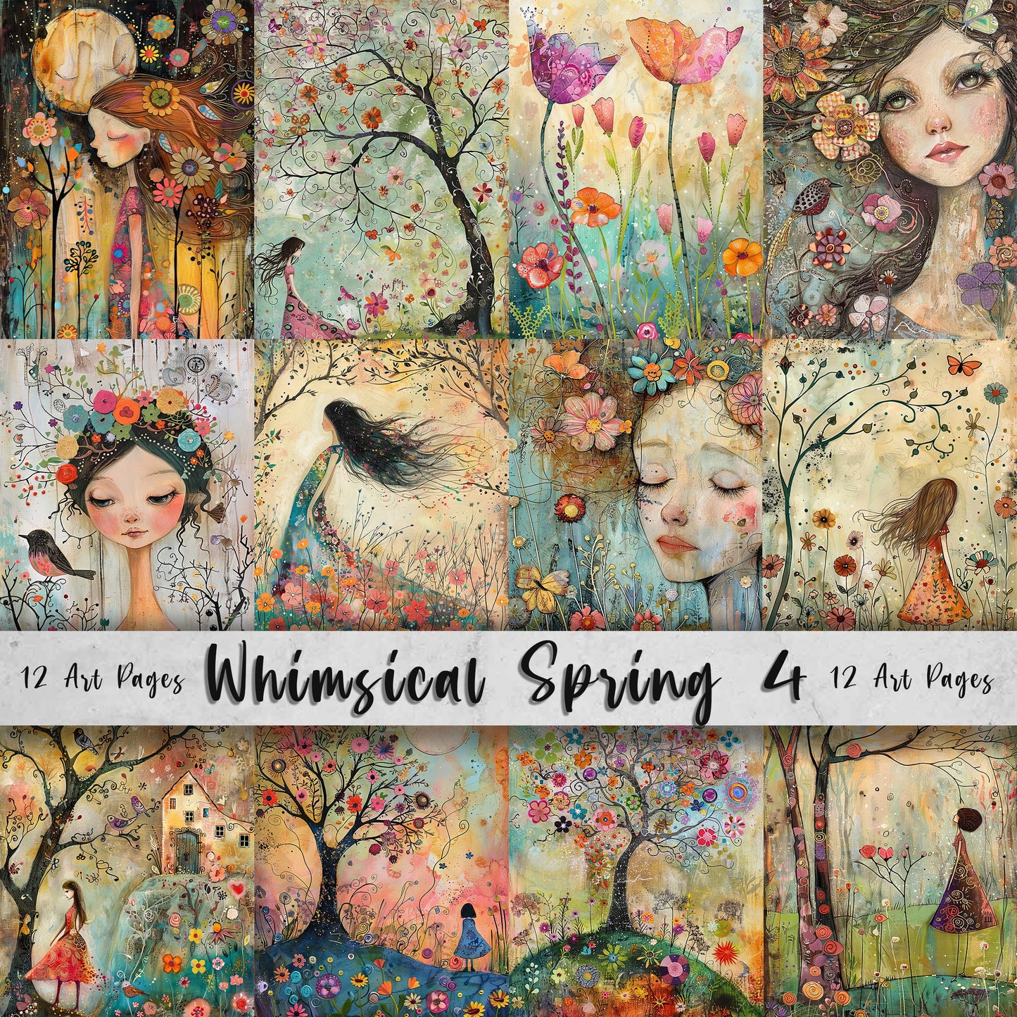 Whimsical Spring 3 Printable Art Pages, Quirky Art Pack, Flowers, Trees, Birds, Garden, Girls Wall Art, Craft Gift Idea, Junk Journal Kit