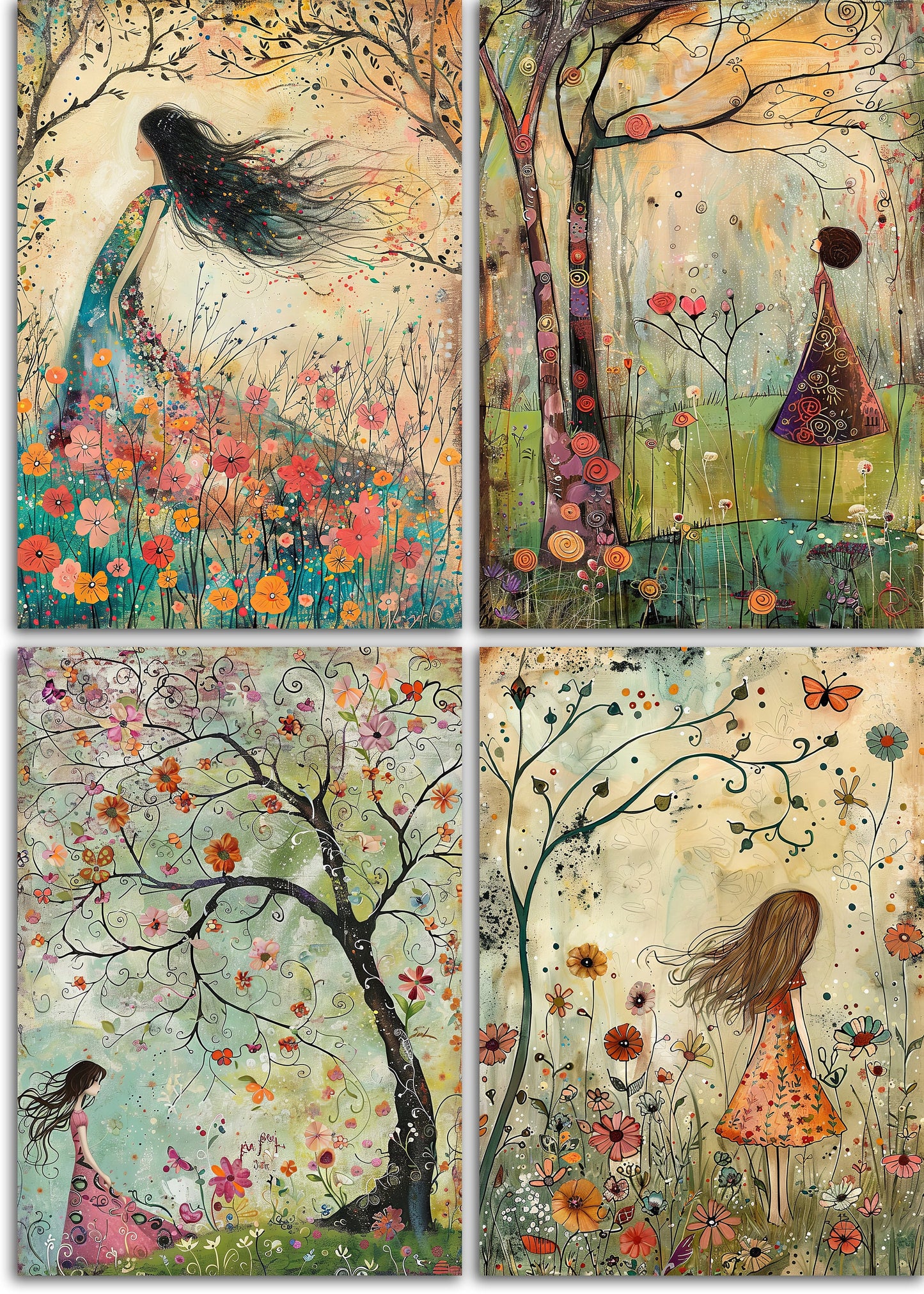 Whimsical Spring 3 Printable Art Pages, Quirky Art Pack, Flowers, Trees, Birds, Garden, Girls Wall Art, Craft Gift Idea, Junk Journal Kit