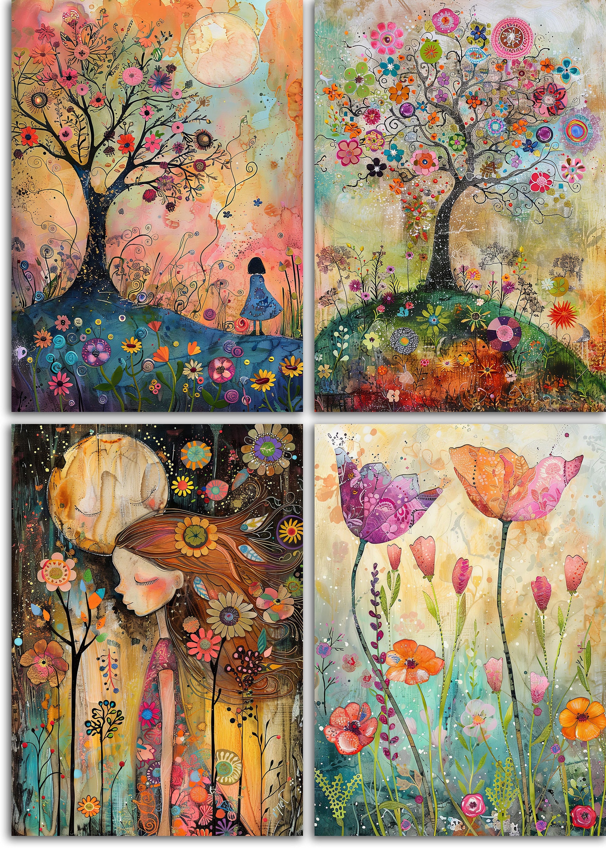 Whimsical Spring 3 Printable Art Pages, Quirky Art Pack, Flowers, Trees, Birds, Garden, Girls Wall Art, Craft Gift Idea, Junk Journal Kit