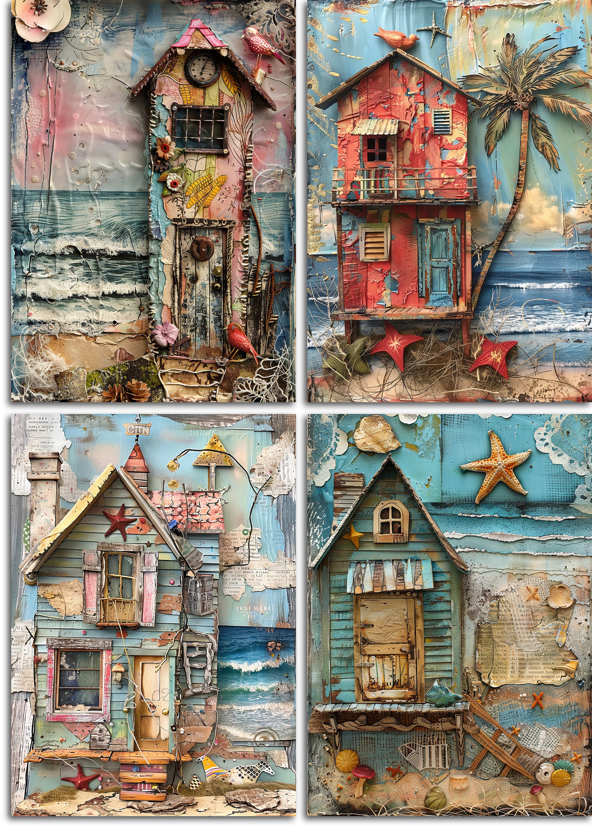 Whimsical Beach Houses Printable Art Pages, Digital Download Paper Set, Quirky Mixed Media Holiday House, Junk Journal Art Card Making Gift