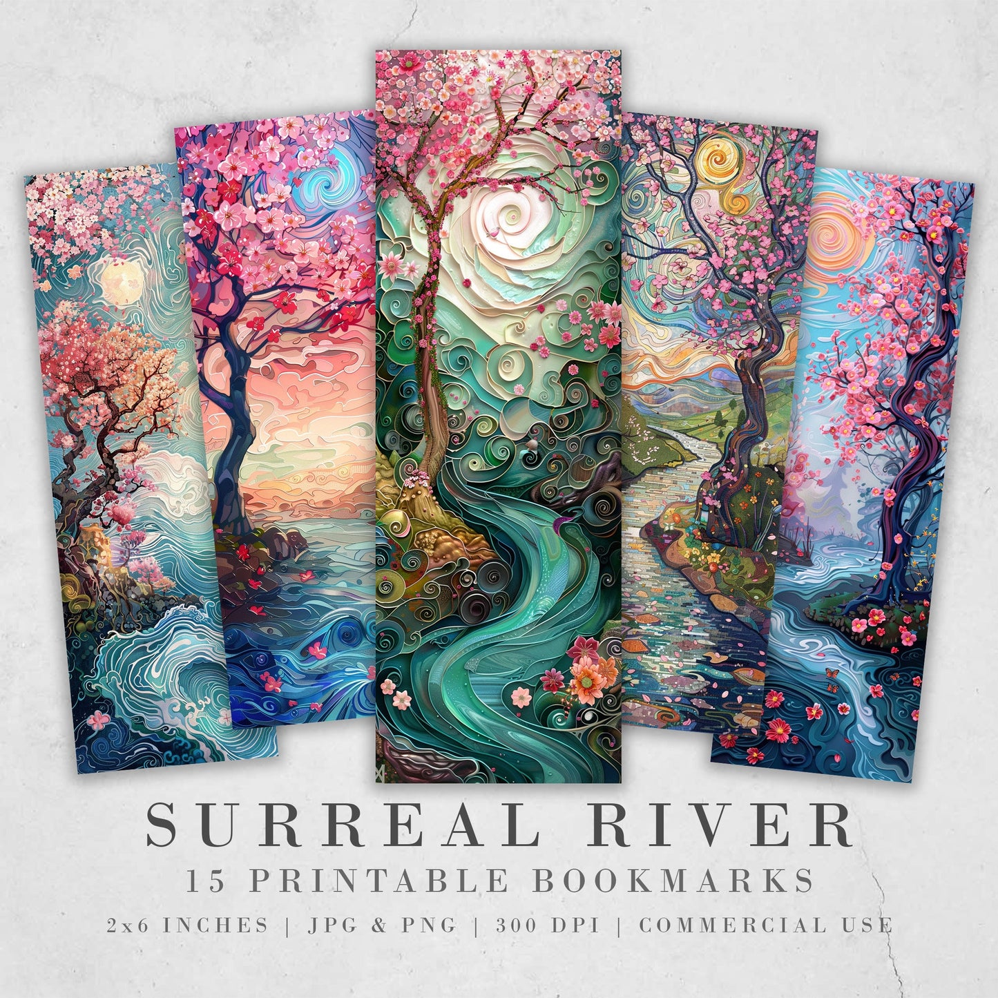 Surreal River Printable Bookmarks| 15 Whimsical Landscape Graphics | JPG Sheets | PNG bookmark sublimation| Cherry Blossom | Girly Gift Idea