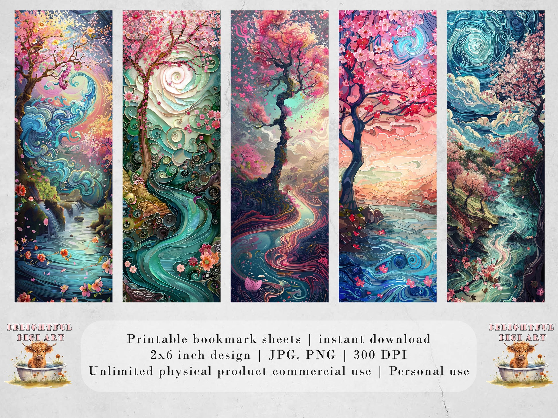 Surreal River Printable Bookmarks| 15 Whimsical Landscape Graphics | JPG Sheets | PNG bookmark sublimation| Cherry Blossom | Girly Gift Idea