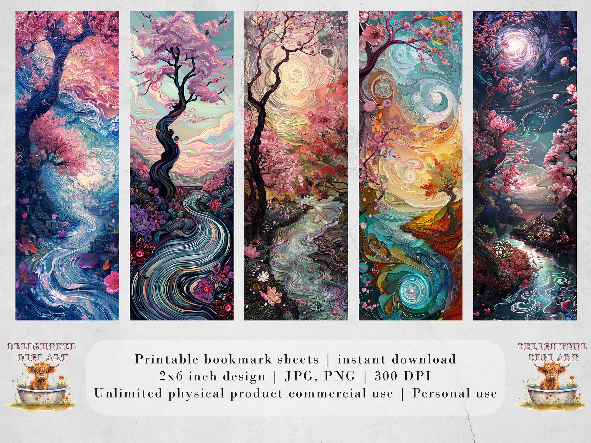 Surreal River Printable Bookmarks| 15 Whimsical Landscape Graphics | JPG Sheets | PNG bookmark sublimation| Cherry Blossom | Girly Gift Idea