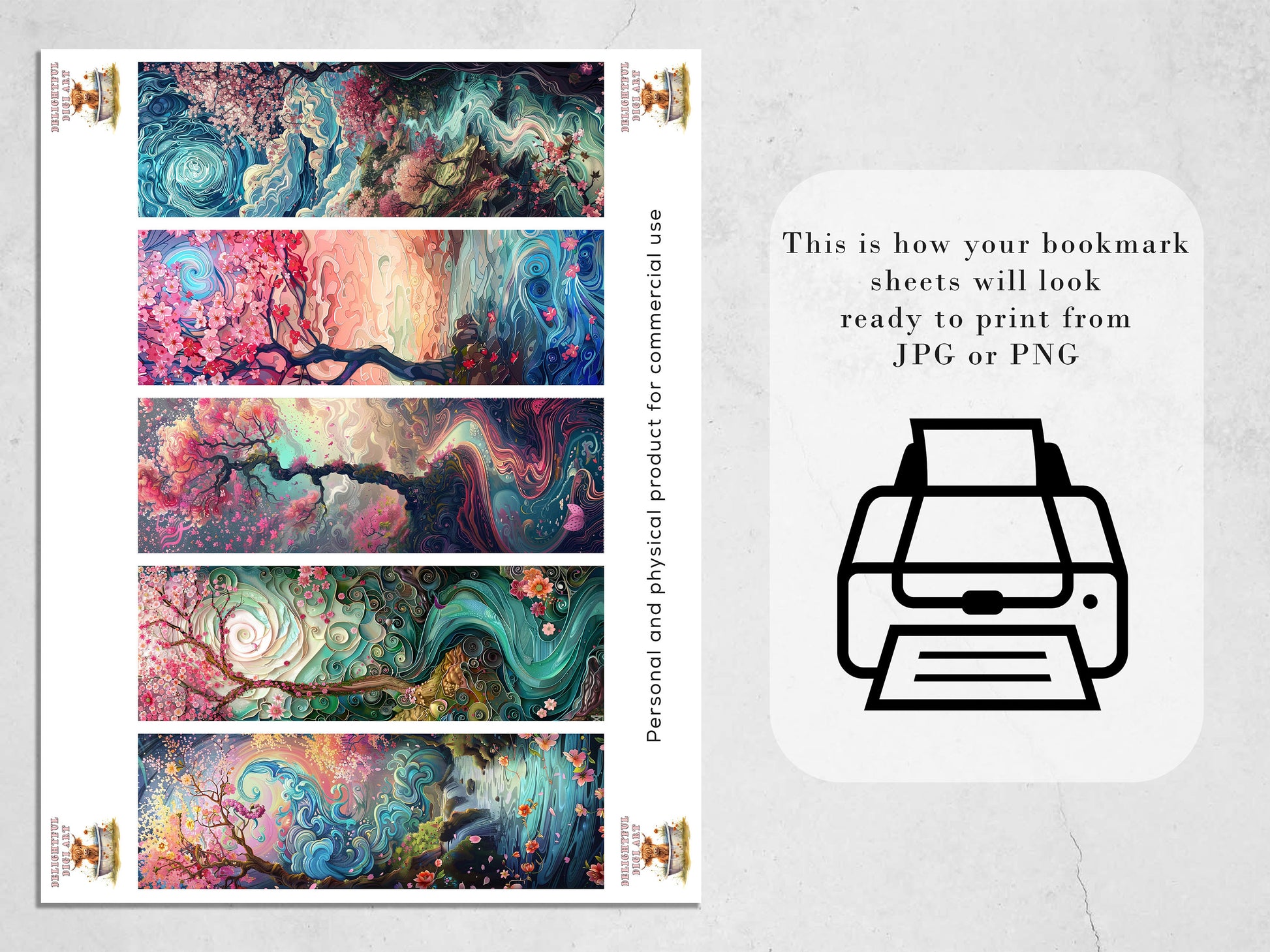 Surreal River Printable Bookmarks| 15 Whimsical Landscape Graphics | JPG Sheets | PNG bookmark sublimation| Cherry Blossom | Girly Gift Idea