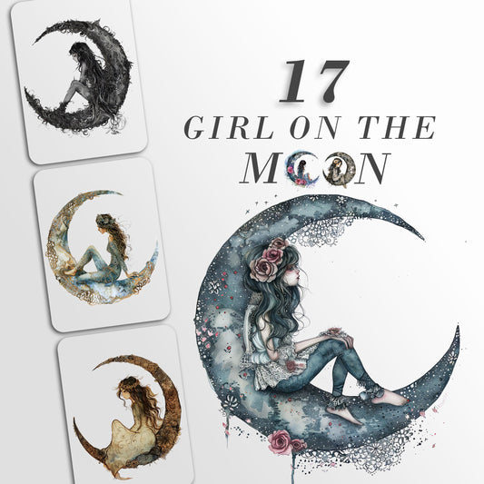 Girl on the Moon Clipart: Mixed Media Celestial Graphics for Crafts and Decor, PNG Bundle, Sublimation files, Celestial, Feminine, Dreamy