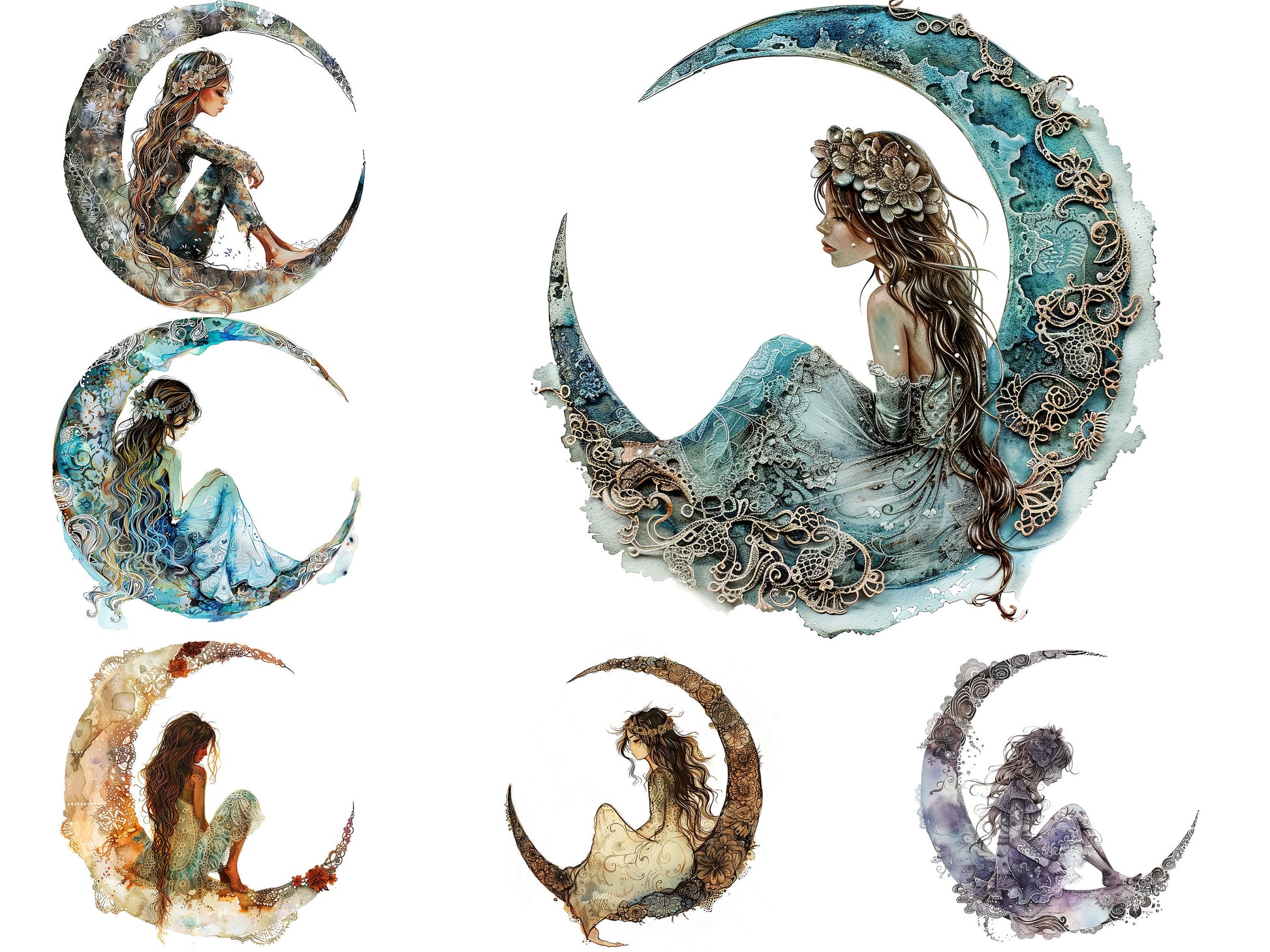 Girl on the Moon Clipart: Mixed Media Celestial Graphics for Crafts and Decor, PNG Bundle, Sublimation files, Celestial, Feminine, Dreamy