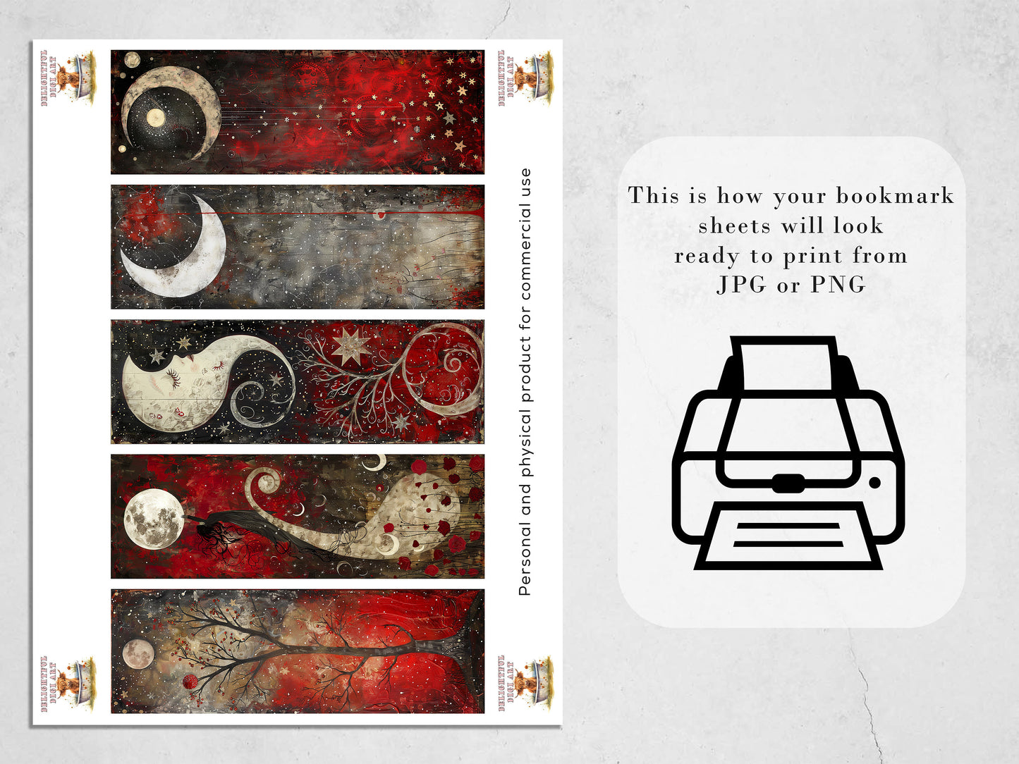 Whimsical Moon Printable Bookmarks: Quirky Bookmark Sheets, PNG Celestial sublimation, Red and Black, Trendy Art, Night time, Fantasy, Dream