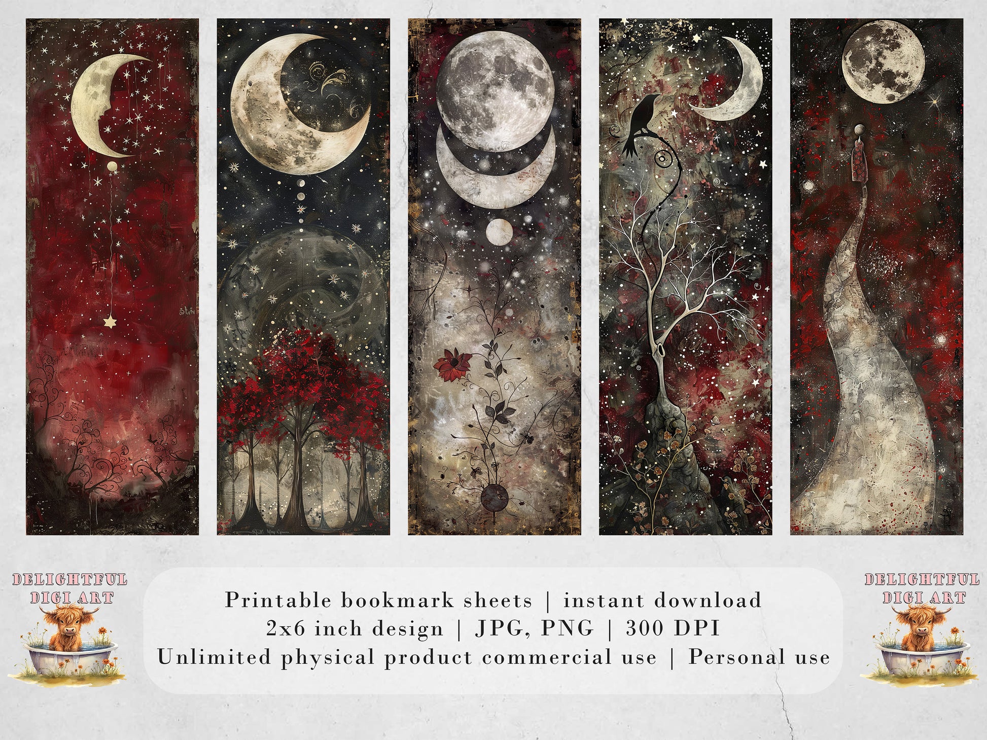 Whimsical Moon Printable Bookmarks: Quirky Bookmark Sheets, PNG Celestial sublimation, Red and Black, Trendy Art, Night time, Fantasy, Dream