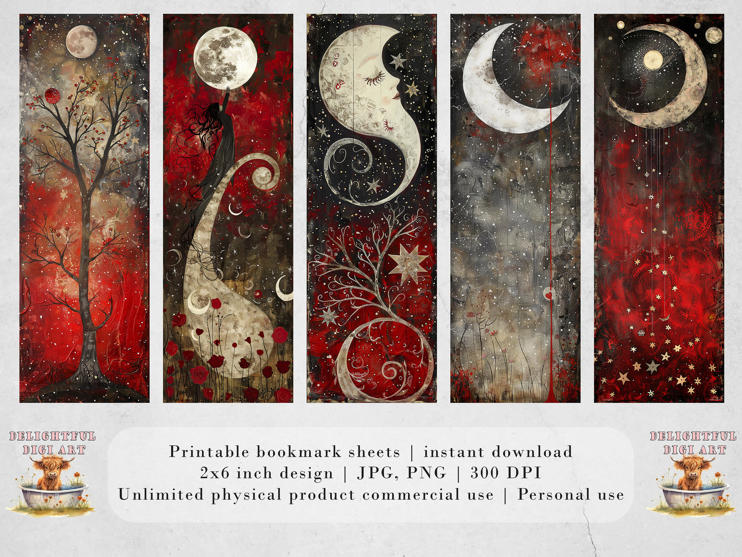 Whimsical Moon Printable Bookmarks: Quirky Bookmark Sheets, PNG Celestial sublimation, Red and Black, Trendy Art, Night time, Fantasy, Dream